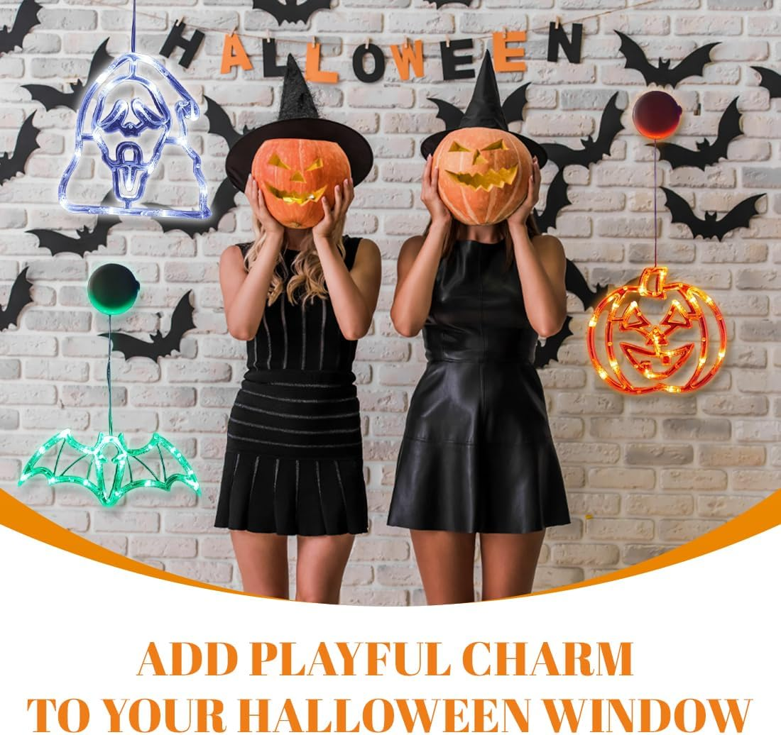 3 Pcs Halloween Window Lights with Suction Cup, Battery Operated Indoor Lighting, Halloween Decorations (Orange, Green, White) image number 1