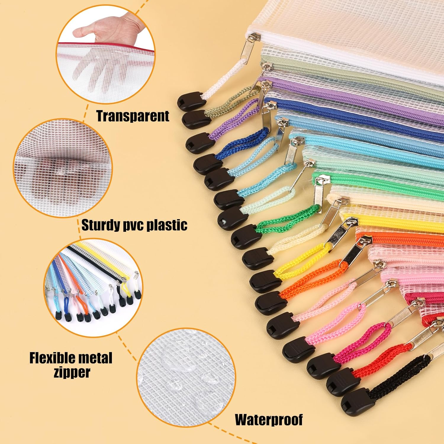 EOOUT 32Pcs 8 Sizes Mesh Zipper Pouch, Waterproof Mesh Bags with Zipper, 16 Colors Travel Pouches, for Board Games Toys Storage, Travel Accessories, Documents Cosmetics School Office Supplies image number 6