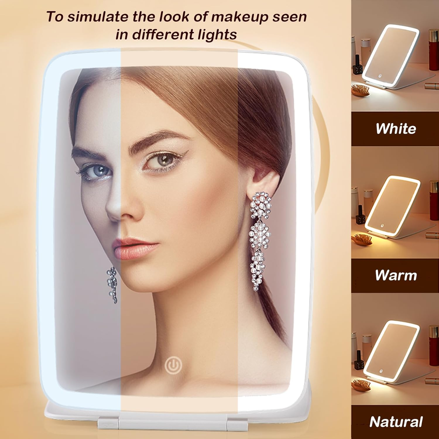 Vrhere Mirrim Rechargeable Travel Makeup Mirror with 10X Magnifying Mirror, Big Size 10 * 7.5 Inch, Portable Lighted Beauty Mirror with 3 Color Lights, Vanity Mirror with 72 LED Lights, Touch Dimming image number 5