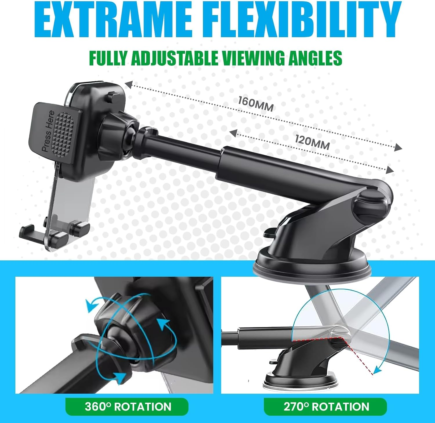 Universal Car Phone Holder - Heavy Duty Dashboard, Windshield & Air Vent Mount with Powerful Suction Cup | Compatible with All Smartphones, Iphone, Samsung | Secure for SUV, Truck, Van image number 4