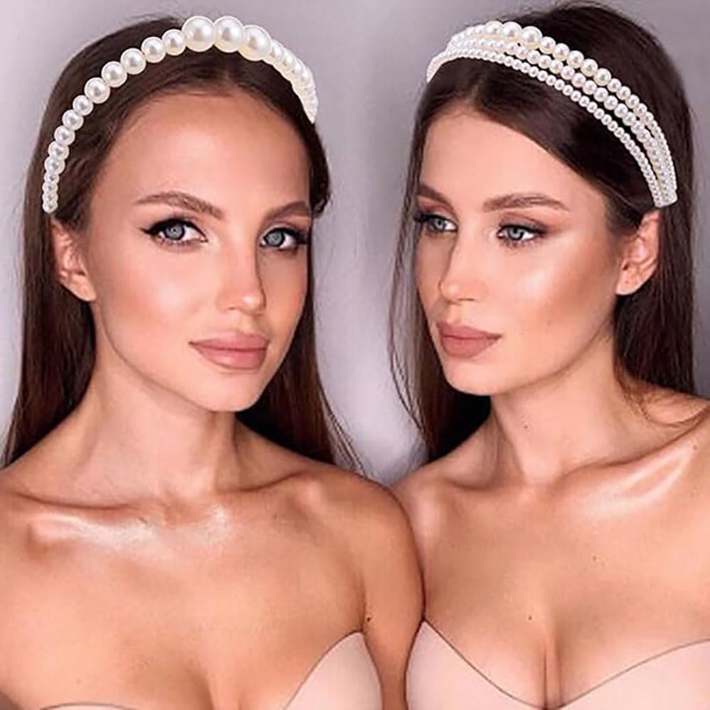 Leanockesa 3 Pcs Vintage Bridal Pearl Headband Set, Large Ivory Simulated Pearl Tiara Crown Hair Hoop for Women and Girls, Wedding Prom Party Hair Accessories (Beige,Three Styles) ﻿﻿ image number 4