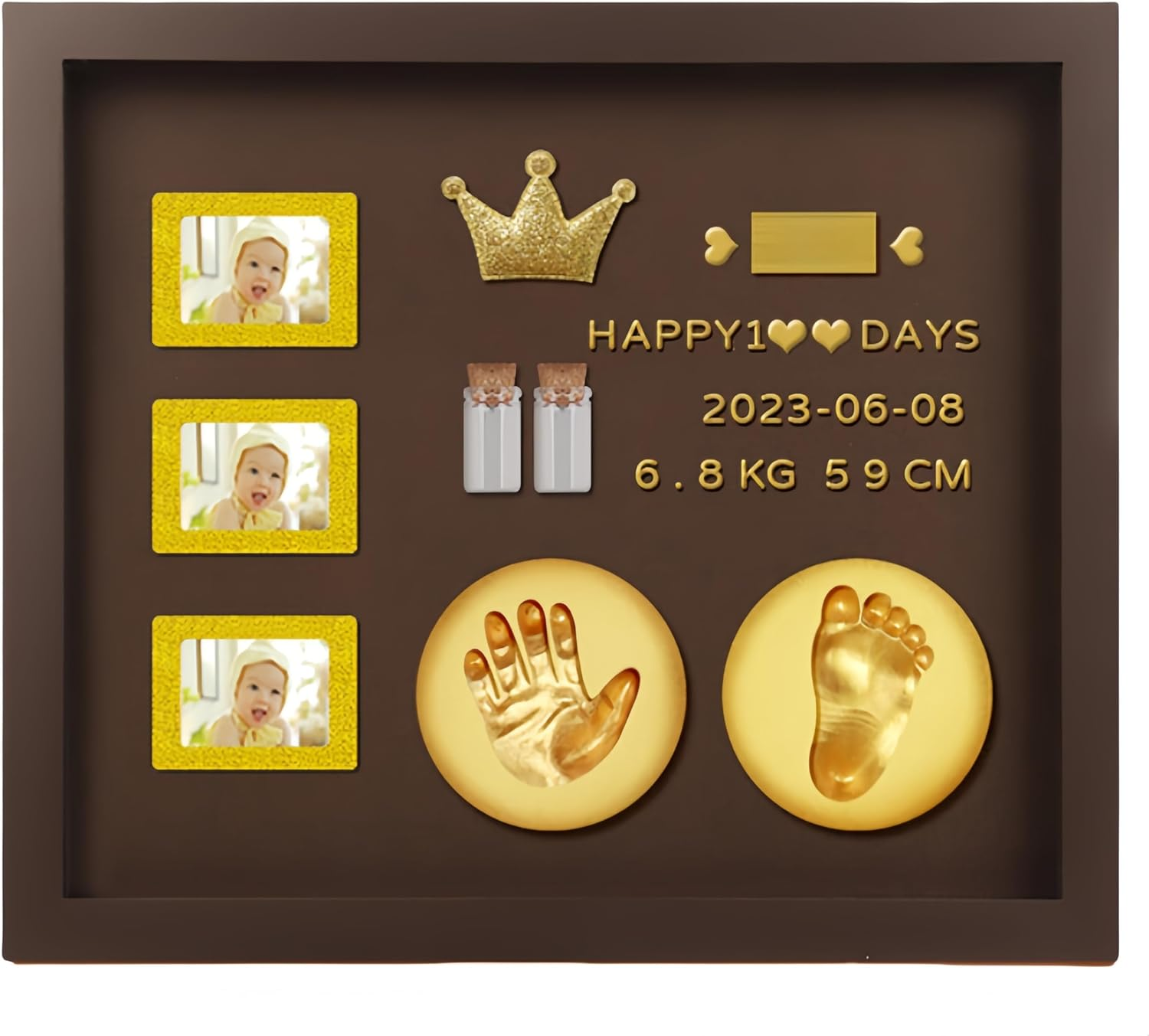 Baby Hand and Footprint Kit with 3 Photo Slots, Golden Ink Pad & Number/Letter Stickers, Non-Toxic Newborn Gift Set for Baby Shower, Nursery Decor, Keepsake Memory Frame image number 4