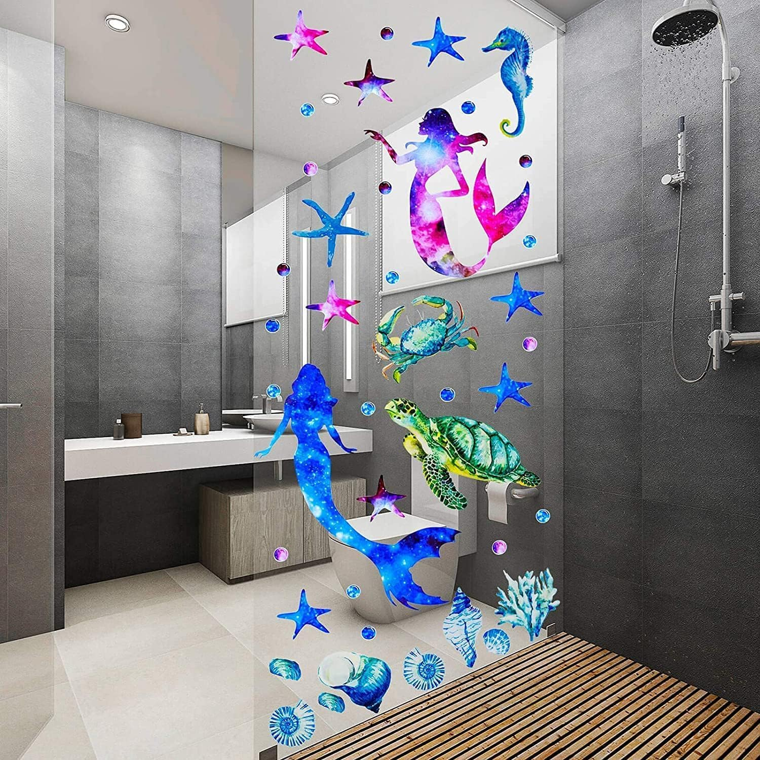 Ocean Mermaid Wall Decals, 2 Sheets Removable Mermaid Wall Stickers for Bedroom, Sea Mermaid Turtle Wall Stickers for Bathroom and Kids Bedroom Decor image number 3