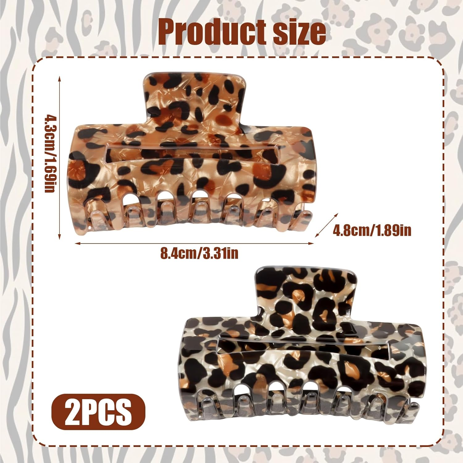 Falafoty Square Medium Hair Claw Clips for Thick Fine Hair, Tortoise French Hair Jaw Clips,Strong Hold Leopard Rectangle Claw Hair Clips Daily Commuter Hair Styling Accessories for Women Girls (2)