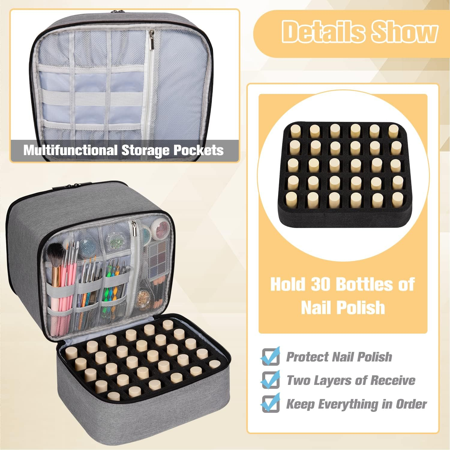 TDIFFUN Nail Polish Organizer and Nail Dryer Case, Double-Layer Storage Holds 30 Bottles (15Ml/0.5 Fl.Oz) and 1 Led Nail Lamp, Travel Carrying Case for Nail Polish Kit Set (Grey) - Purple image number 2