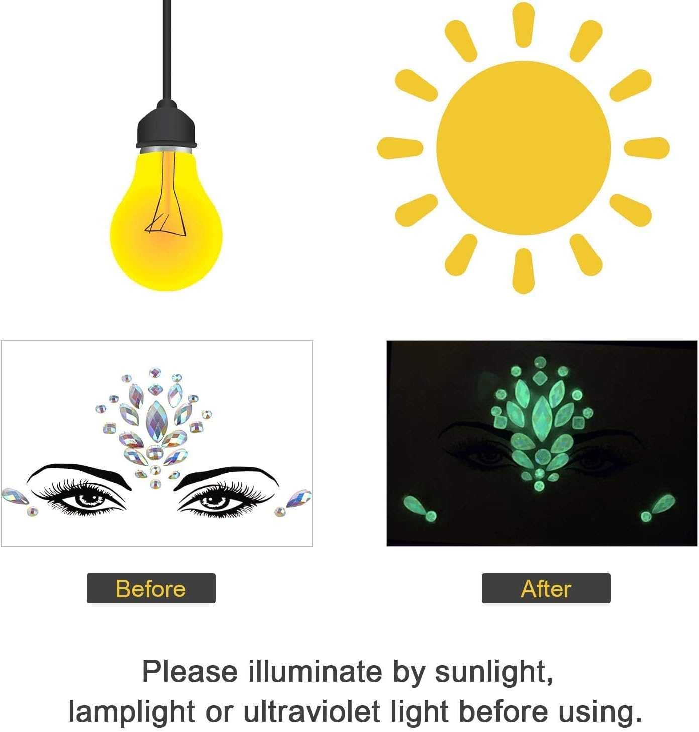 Glamifyr Pack of 8 Glow-In-The-Dark Gemstones for Face, Face Gemstones, Luminous Temporary Tattoo Stickers, Acrylic Crystal, Glitter Stickers, Waterproof, Jewellery, Tears, Rhinestones for Party image number 1