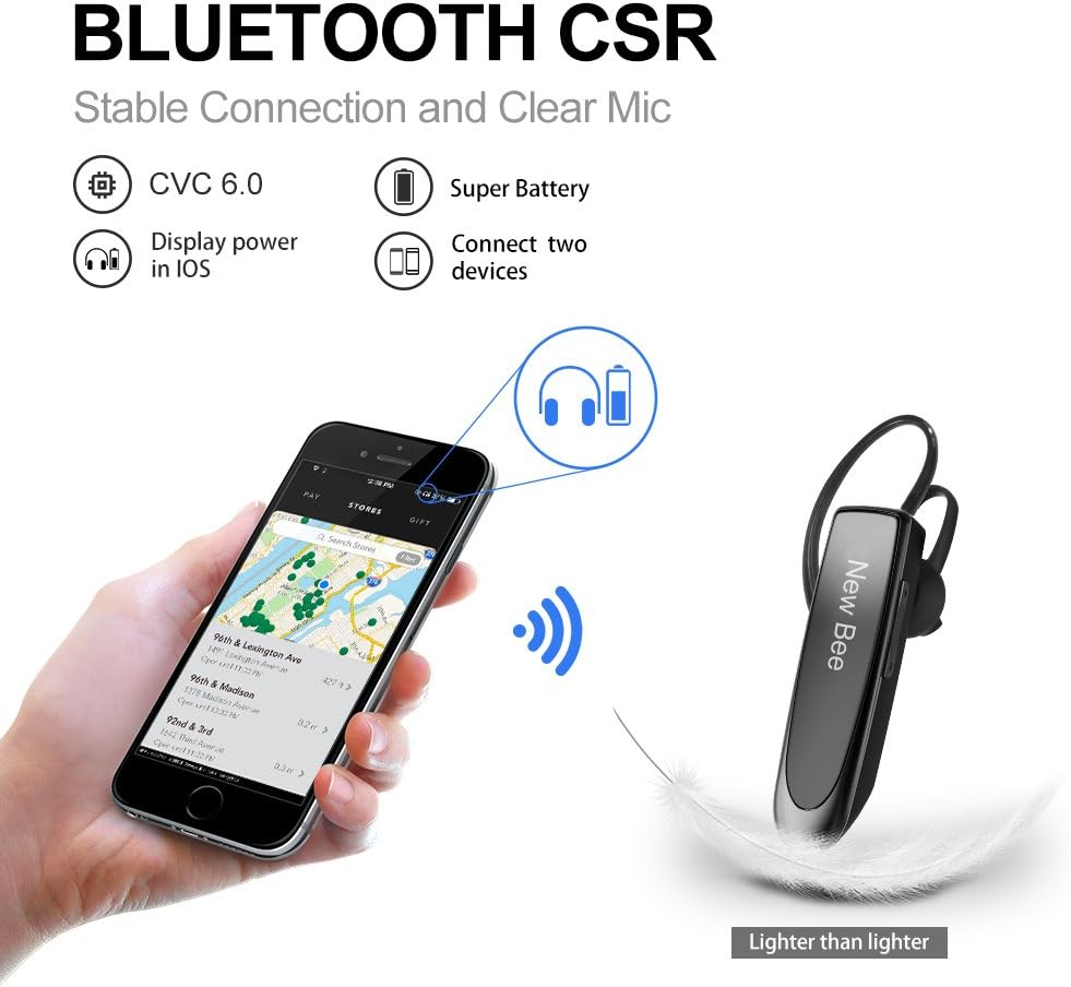 Bluetooth Headset Handsfree Wireless Bluetooth Earpiece New Bee Driving Earphone with Noise Cancelling Microphone 24 Hrs Talk Time Business In-Ear Headphones Earbuds for Apple Iphone X 8 7 6 6S, Samsung Galaxy, HTC, LG, SONY, PC, Laptop (Black) (Black) image number 3