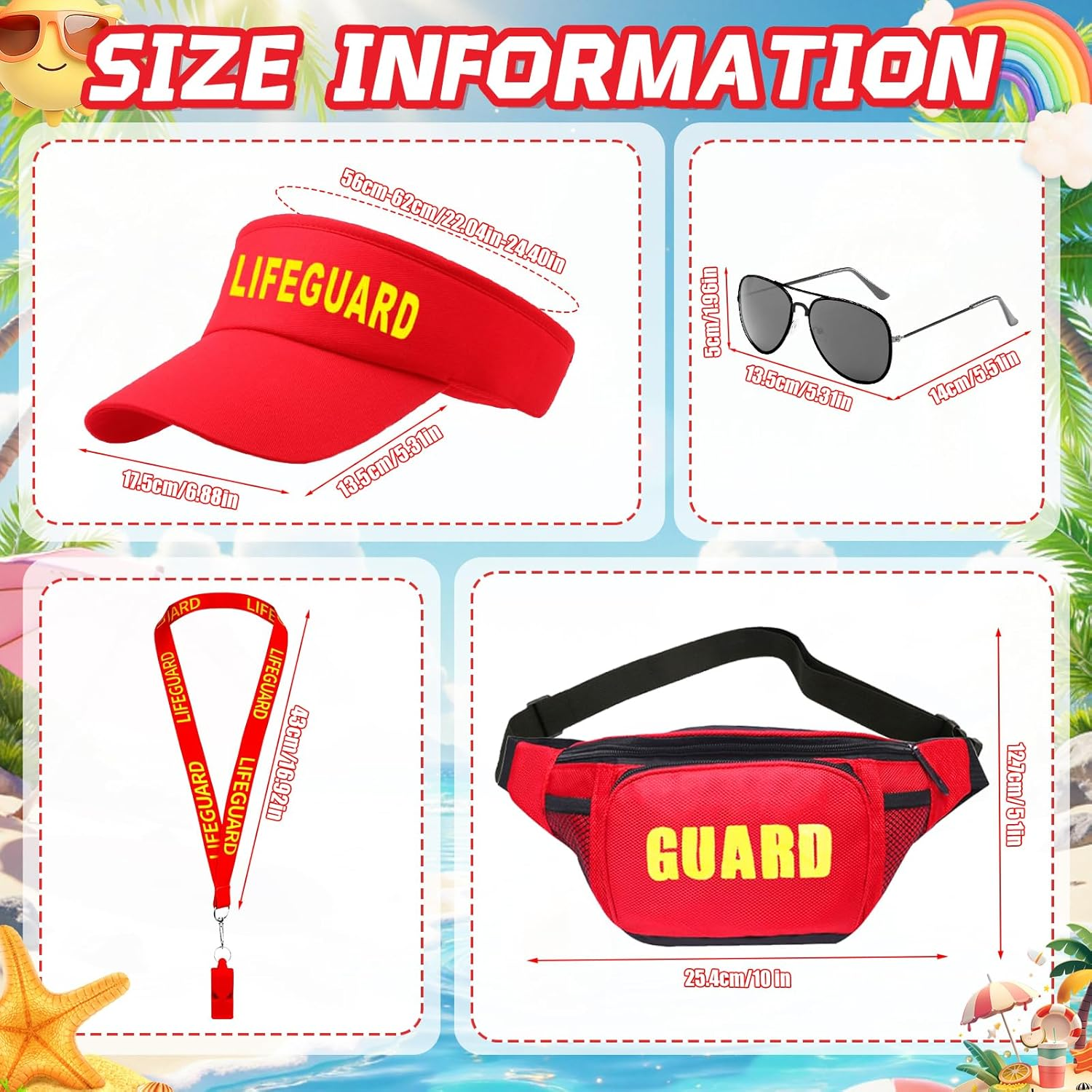 5Pcs Life Guard Costume Set, Lifeguard Fancy Dress Include T-Shirt Hat Fanny Pack Whistle Sunglasses Beach Costume Acccessories for Women Men Pool Party Halloween Cosplay(M) image number 6