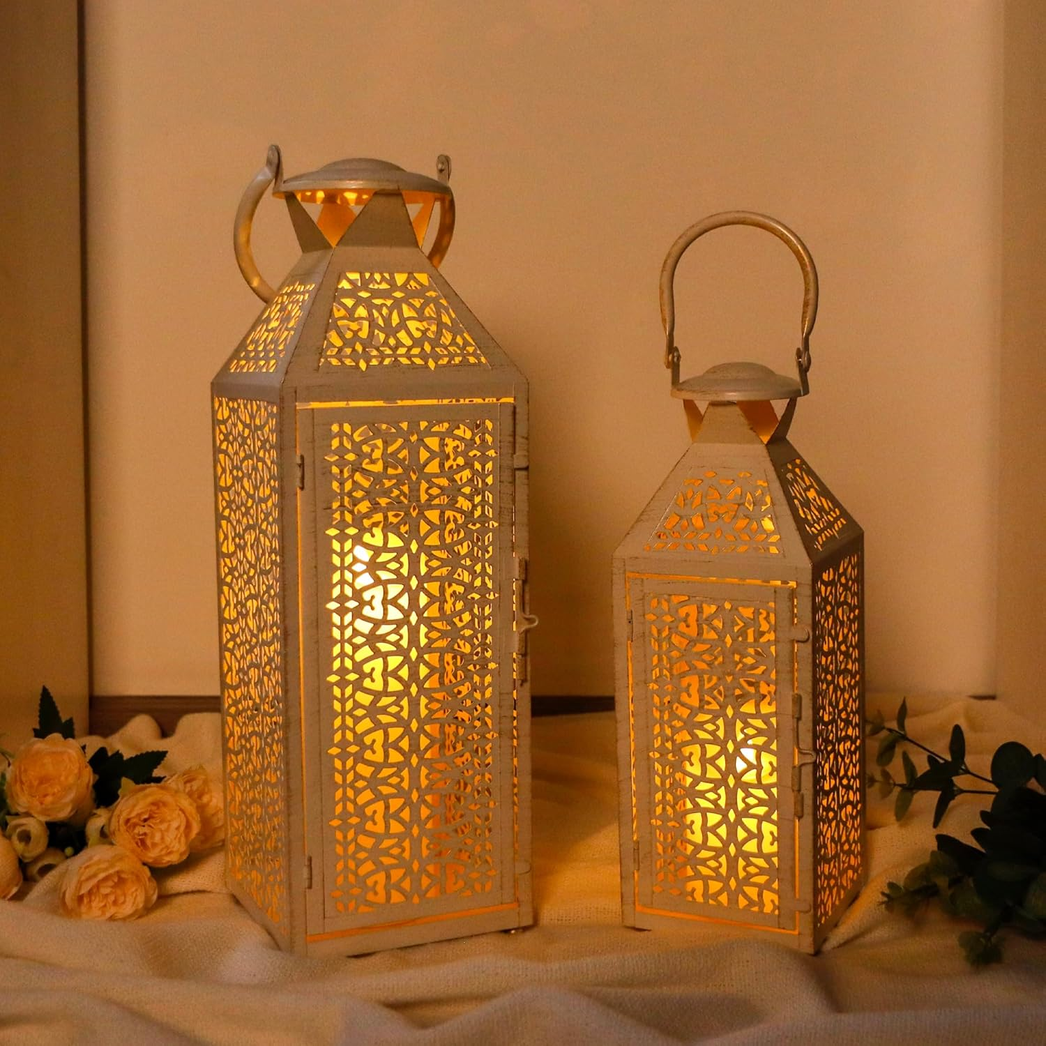 JHY DESIGN Set of 2 Vintage Candle Lanterns 19"&14''H Moroccan Decorative Metal Candle Holders with Hollow Pattern for Garden Porch Shelf Indoor Outdoor Parties Weddings Patio(White Brushed Gold) image number 3