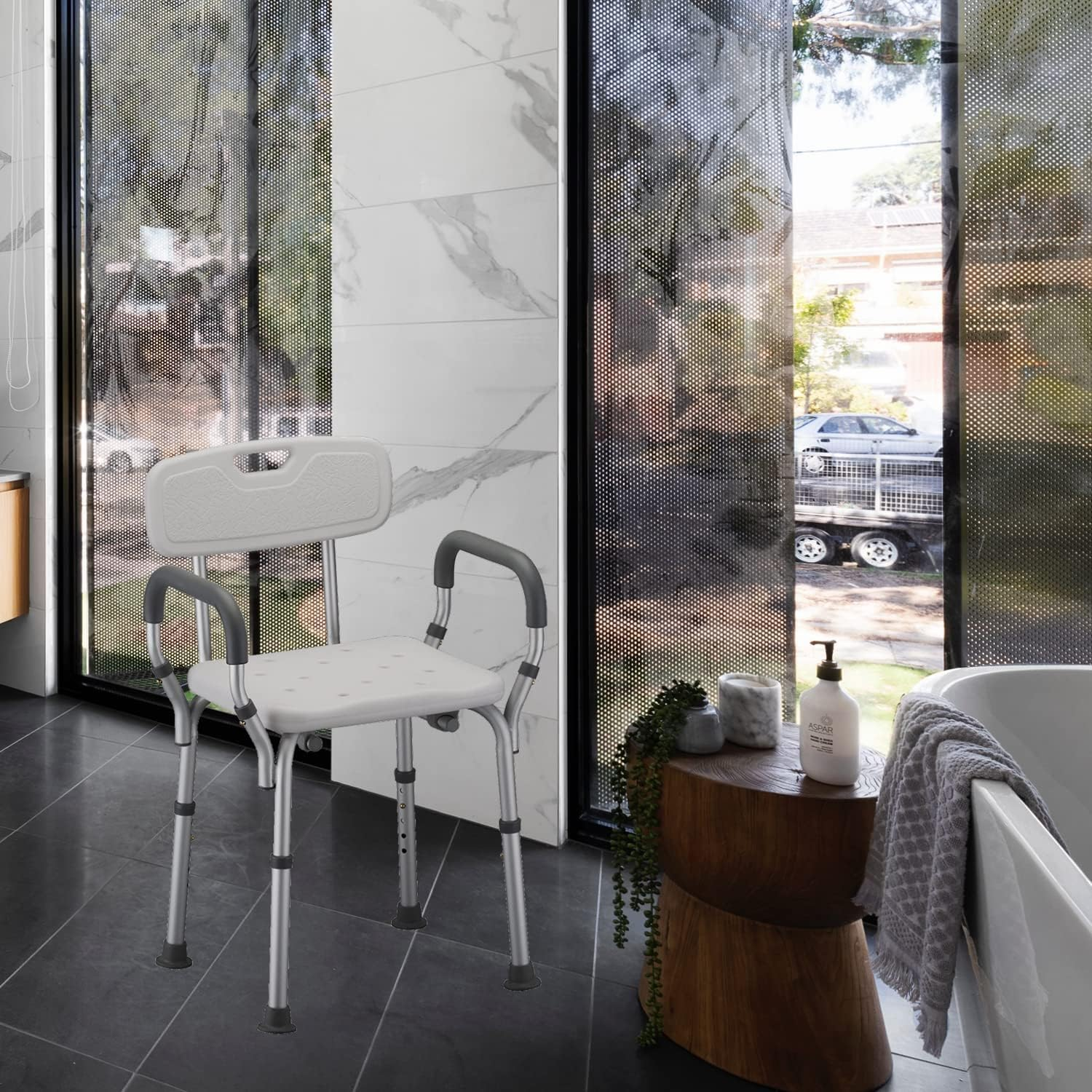 Shower Chair, Height Adjustable Non-Slip Aluminum Frame Shower Seat with Shower Buckle &Removable Back & Padded Arms, Bathtub Shower Lift Chair for Elderly & Disabled, Hold up to 150 Kg(White) image number 4