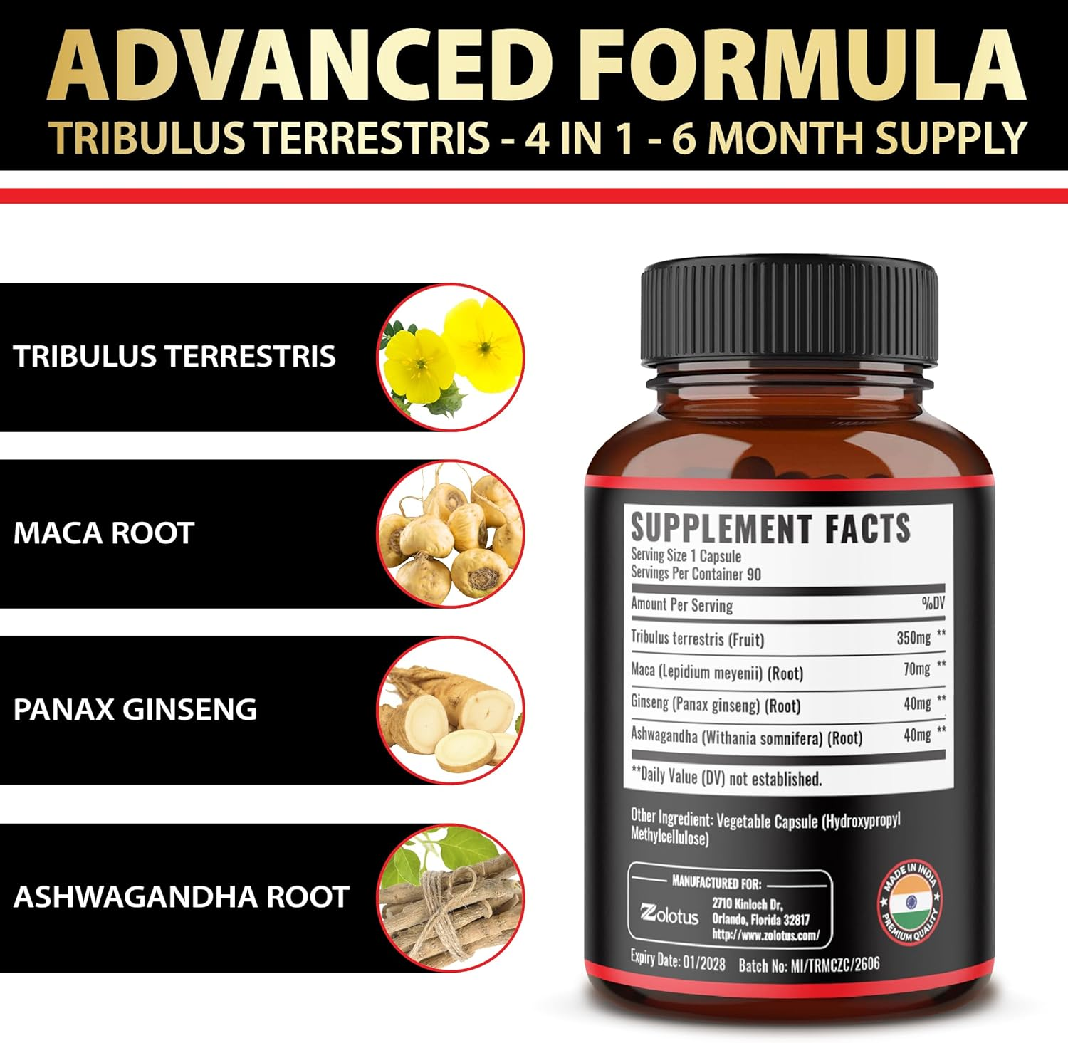 Zolotus 2 Packs Tribulus Terrestris with Maca Root Ashwagndha Root, Panax Ginseng - 6 Months Supply image number 3