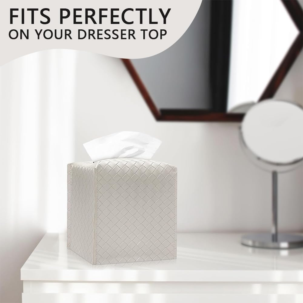 HYAVIA 2PCS PU Leather Tissue Box Cover &ndash; Square Tissue Holder with Braided Pattern and Bottom Strap, Modern Facial Tissue Organizer for Bathroom, Car, Office, Tabletop, Pearl White image number 3
