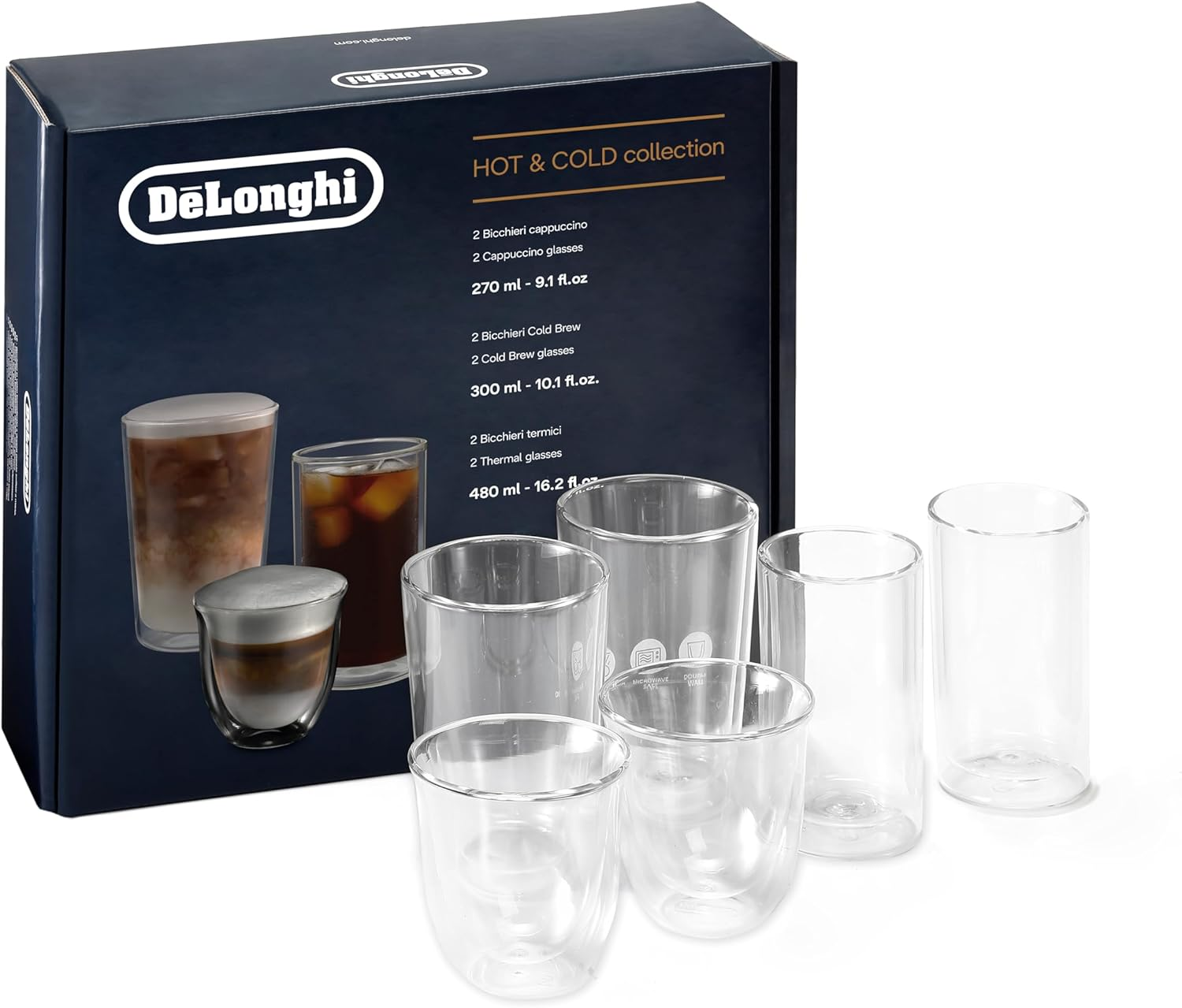 De'Longhi Cold Brew Glasses DLSC325, Double Wall Thermal Glasses, Set of 2 Cups, Dishwasher and Microwave Safe, Capacity 300 Ml, Hand-Blown Glass image number 1