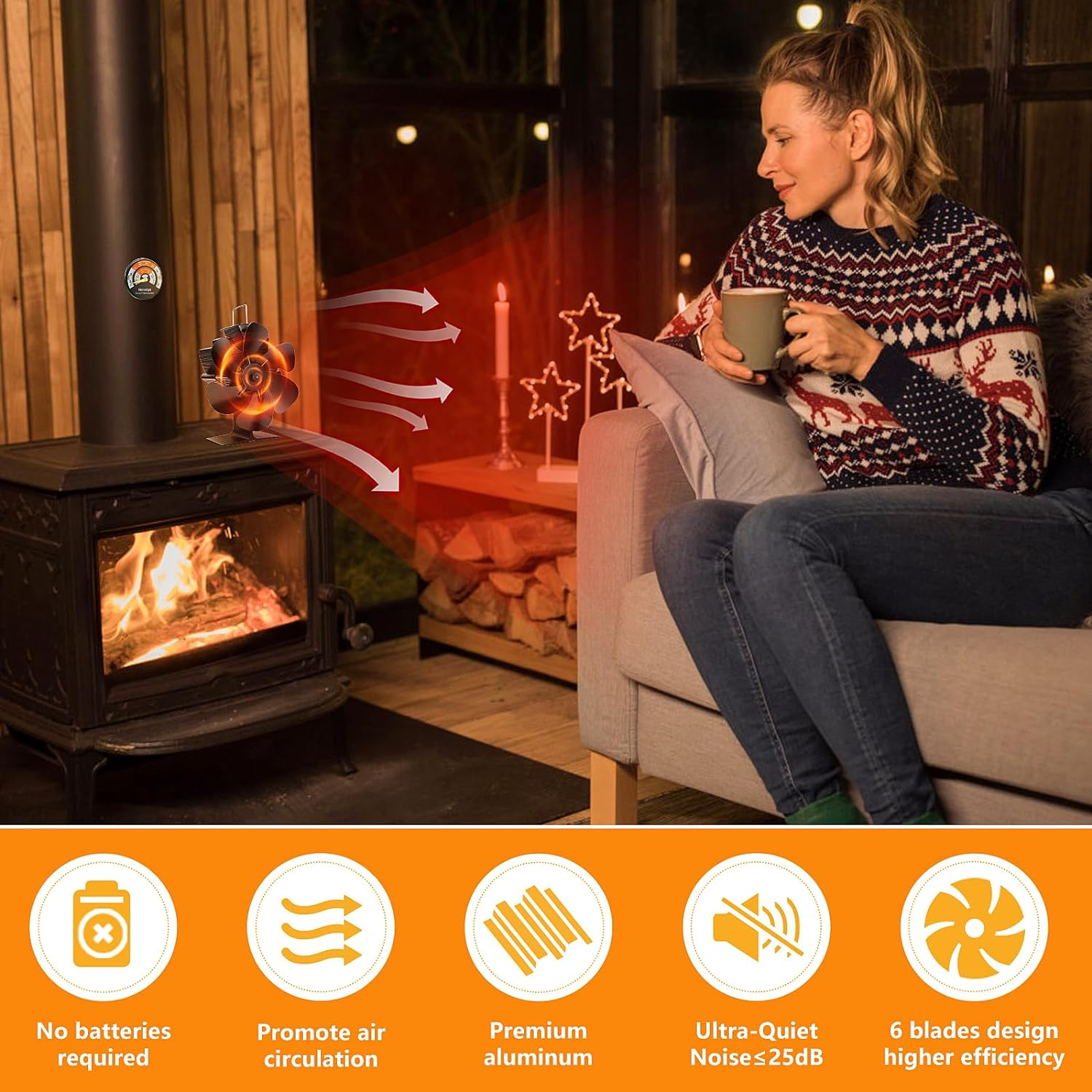 Wood Stove Fan, 6 Blades Wood Stove Fan Heat Powered, Fireplace Fan with Magnetic Thermometer, Wood Stove Accessories, Non Electric Fan for Wood/Gas/Log Burner Stove image number 2