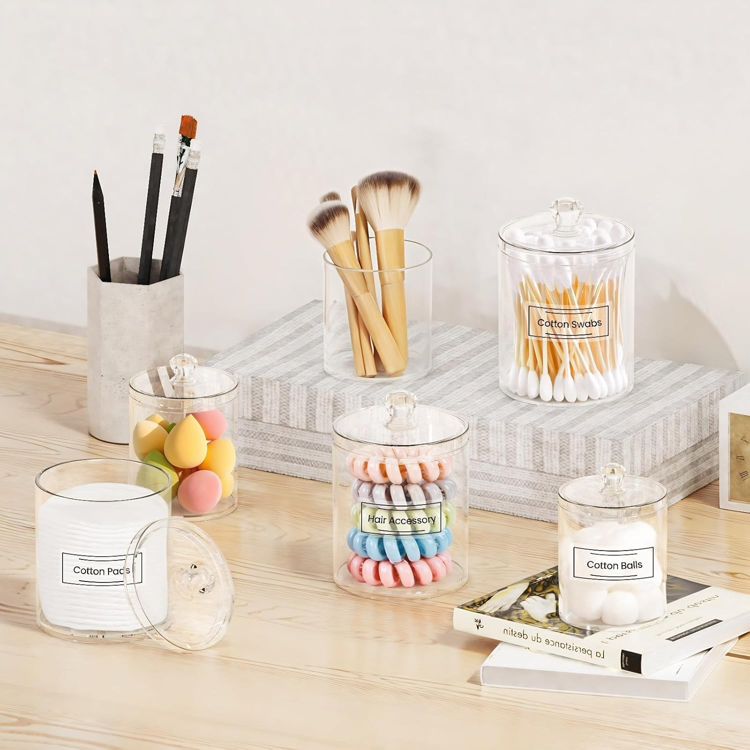 LABUBU Holder 6 Pack,Qtip Dispenser for Cotton Pads,Swabs,Balls,Bathroom Storage Containers for Organizing,Plastic Bathroom Canisters with Lid,Storage Jars Vanity Makeup Accessories Set image number 2