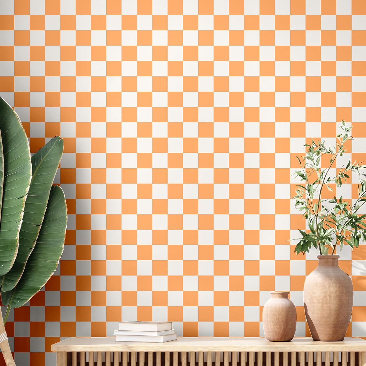 Retro Checkered Peel and Stick Wallpaper 70S Funky Checkered Contact Paper Geometric Waterproof Wallpaper Neutral Checkerboard Decor for Bathroom Cabinet(Orange,16.4' X 15.75'') image number 5