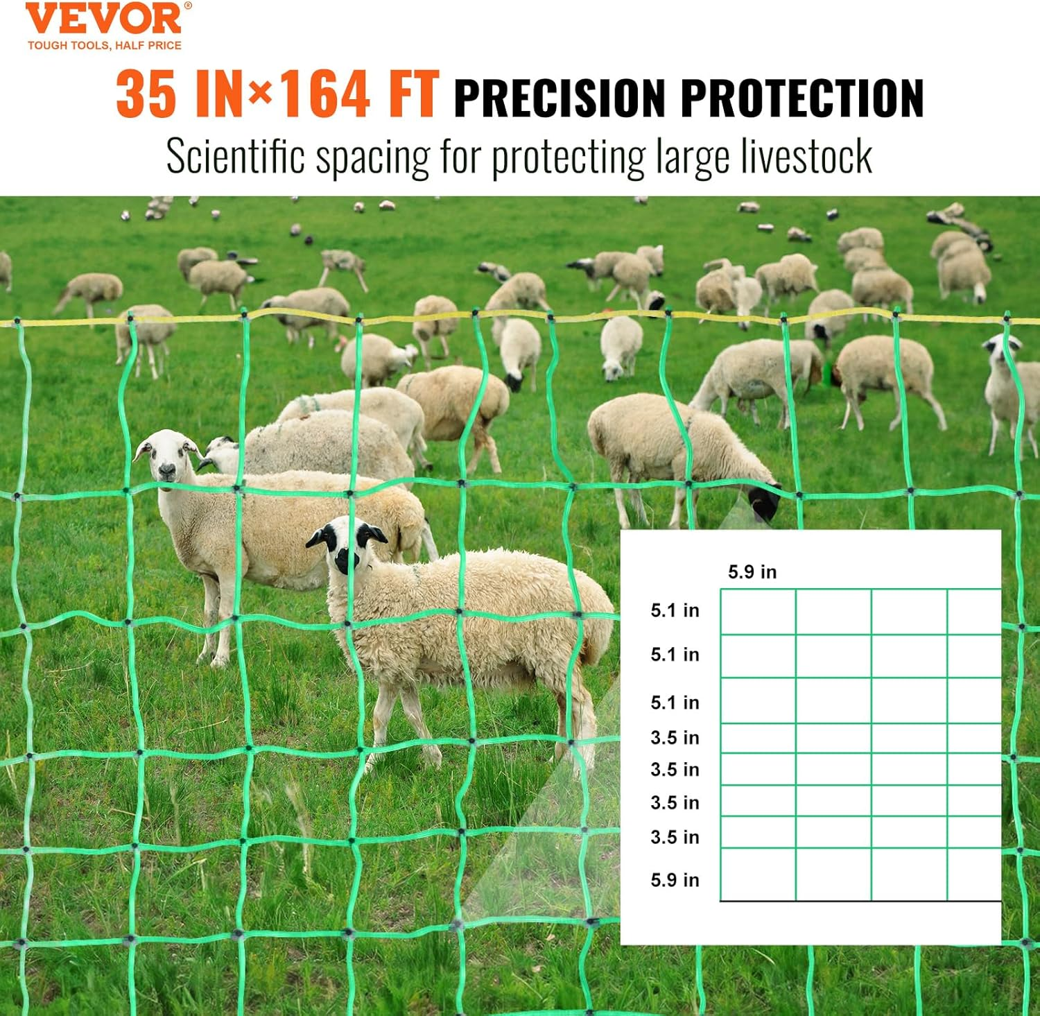 VEVOR Electric Fence Netting, 0.88 X 49.98 M, PE Net Fencing with Posts & Double-Spiked Stakes, Utility Portable Mesh for Goats, Sheep, Lambs, Deer, Hogs, Dogs, Used in Backyards, Farms, and Ranches image number 5