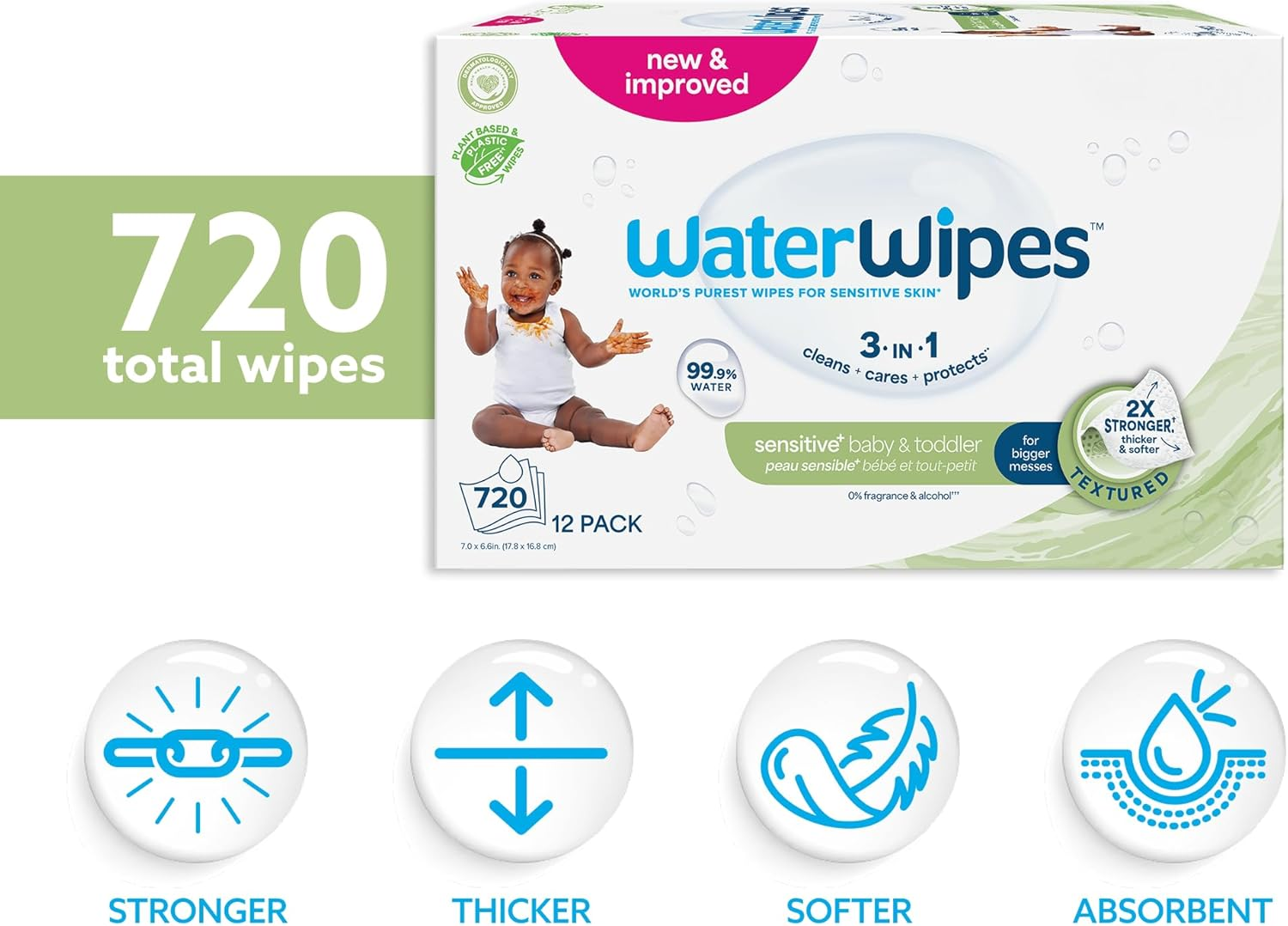 Waterwipes Baby Wipes, Textured Sensitive Baby Diaper Wipes, 99.9% Water, Unscented & Hypoallergenic, for Baby & Toddlers, 12 Packs (720 Count), White image number 3