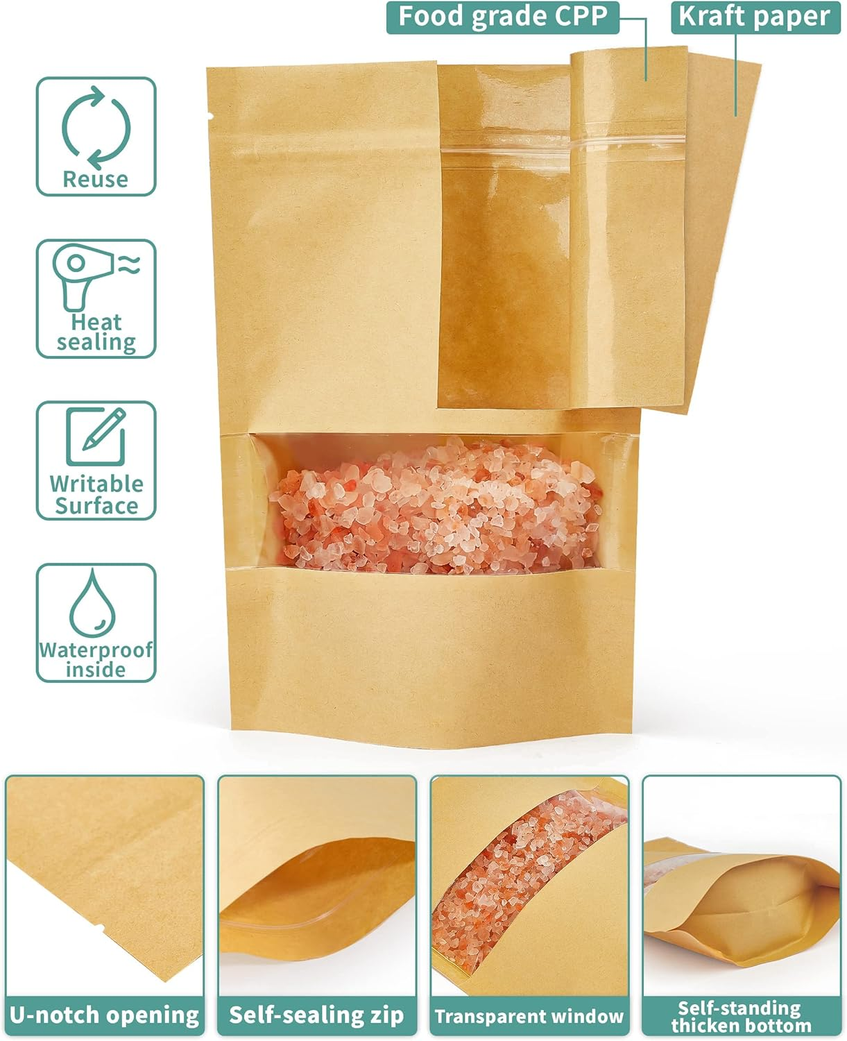 100 Pcs Brown Paper Bags with Window, 3.5" X 5.5" Stand up Pouches, Zipper Food Storage Bags for Packaging Products, Reusable, Sealable image number 5