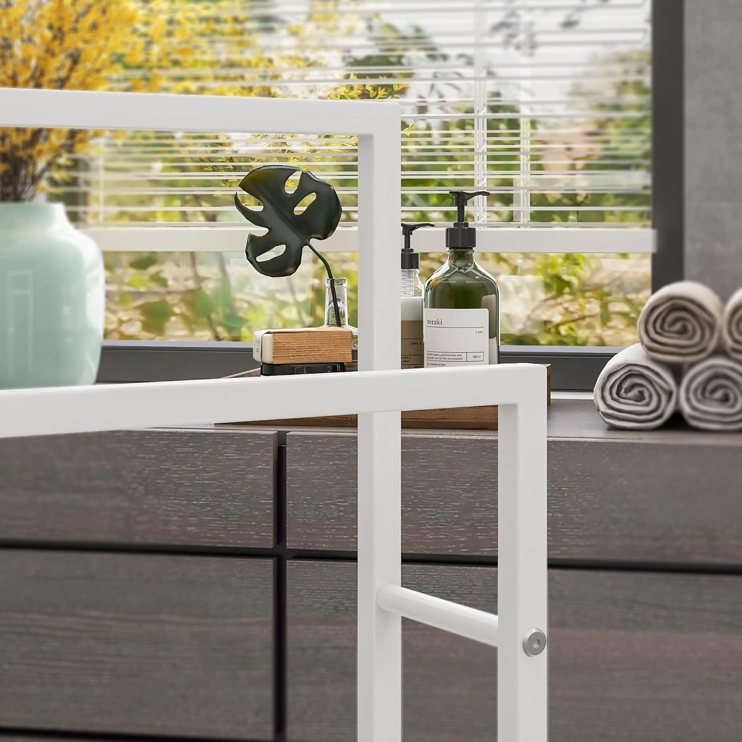 FOUBAM Towel Racks for Bathroom, 2 Tiers Free Standing Floor Bath Towel Racks for Pool, Outdoor Towel Rack Holder Heavy Duty Metal Storage Blanket Ladder (White) image number 4