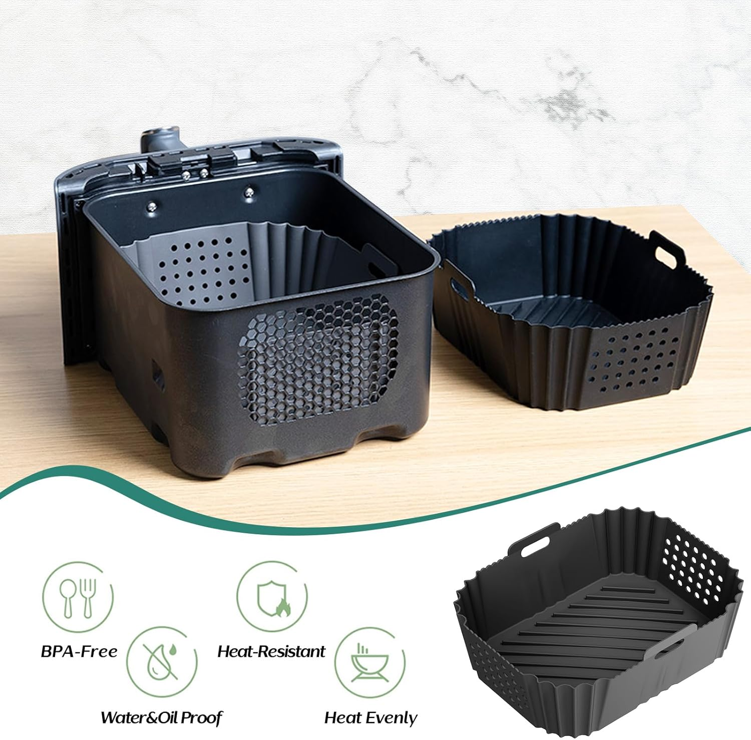 Marakruki 2Pcs Silicone Air Fryer Liners for Ninja Dual Stack Air Fryer, 21X14 Cm, 2-Pack, Compatible with Ninja AF400 Air Fryer, Bpa-Free Silicone Liners for 9.5L Dual Air Fryer image number 3