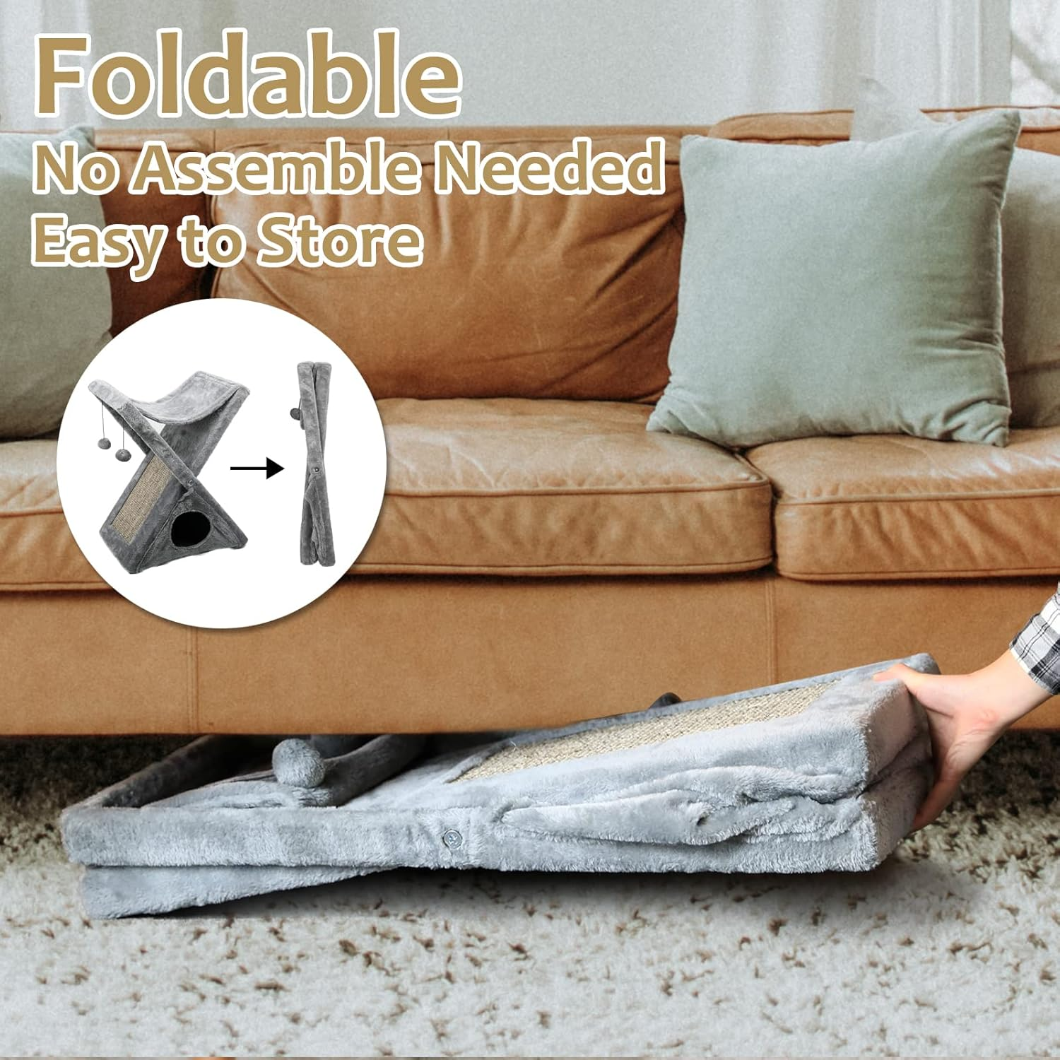 Worth Garden Collapsible Storage Type Cat Tree, Includes Cozy Bed & Condo for Your Cat with Self Grooming Brush, Home Pet Furniture and Fun Cats Toys (Grey, Size 1) image number 1