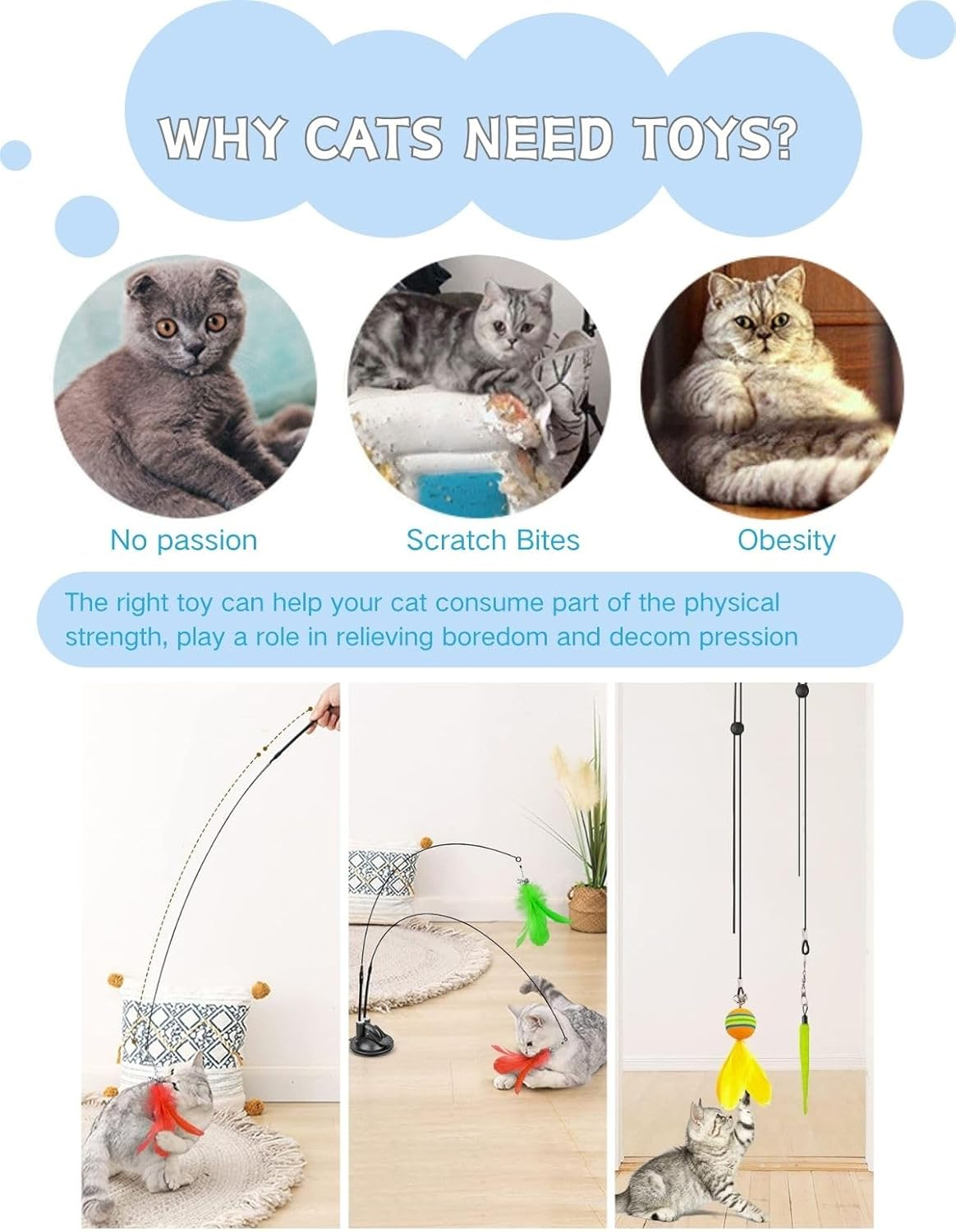 20 Pack 4-In-1 Interactive Cat Feather Toys Set | 2 Wands, 1 Super Suction Cup & 11 Replacements (Feathers, Balls, Mice) | Door-Hanging Teaser Toys for Indoor Cats & Kittens - Exercise & Chase Play image number 5