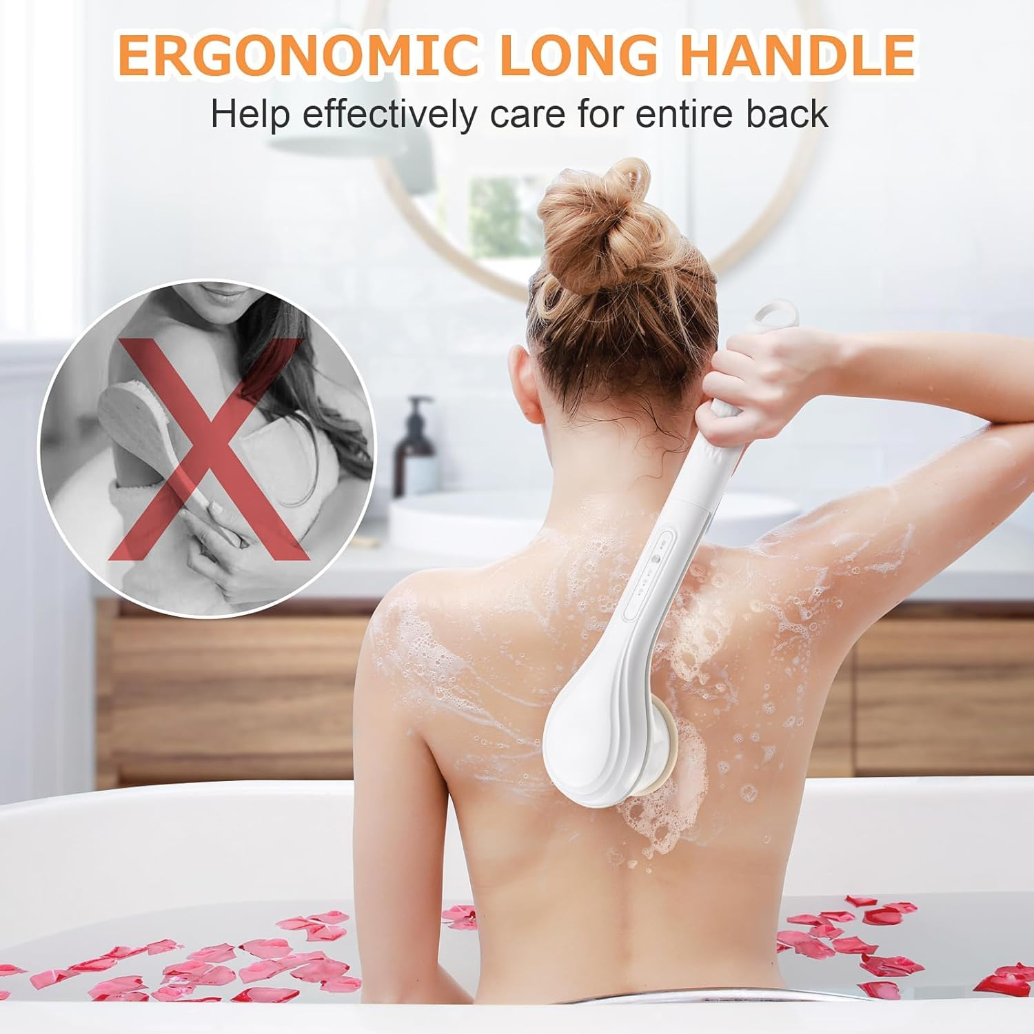 LINGSFIRE Electric Body Brush Rechargeable Back Scrubber for Shower Exfoliating Bath Brush Long Handle for Shower Lotion Applicator for Back Silicone Body Scrubber with 6 Shower Brush Heads image number 5