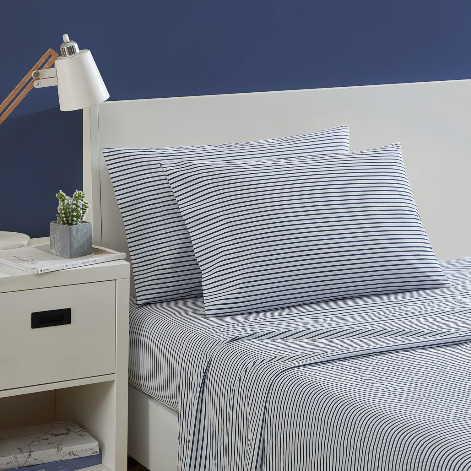 Nautica- Full Sheet Set, Cotton Percale Bedding Set, Crisp & Cool, Lightweight & Breathable (Harmead Navy, Full)