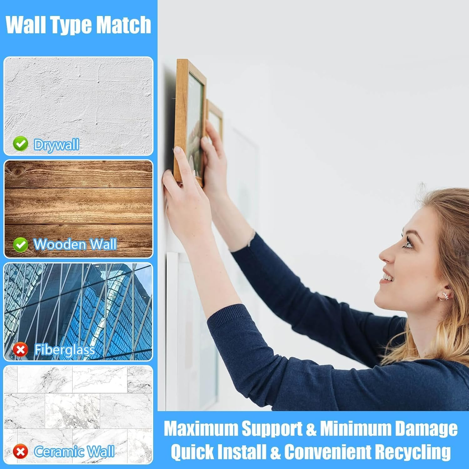 Picture Hangers, 100 Pieces Picture Hanging Kit Including 30Lb and 50Lb Picture Hanging Hooks, Picture Hooks with Nails for Picture Frames, Hanging Pictures, Clocks on Drywall and Wood Walls (Black) image number 6