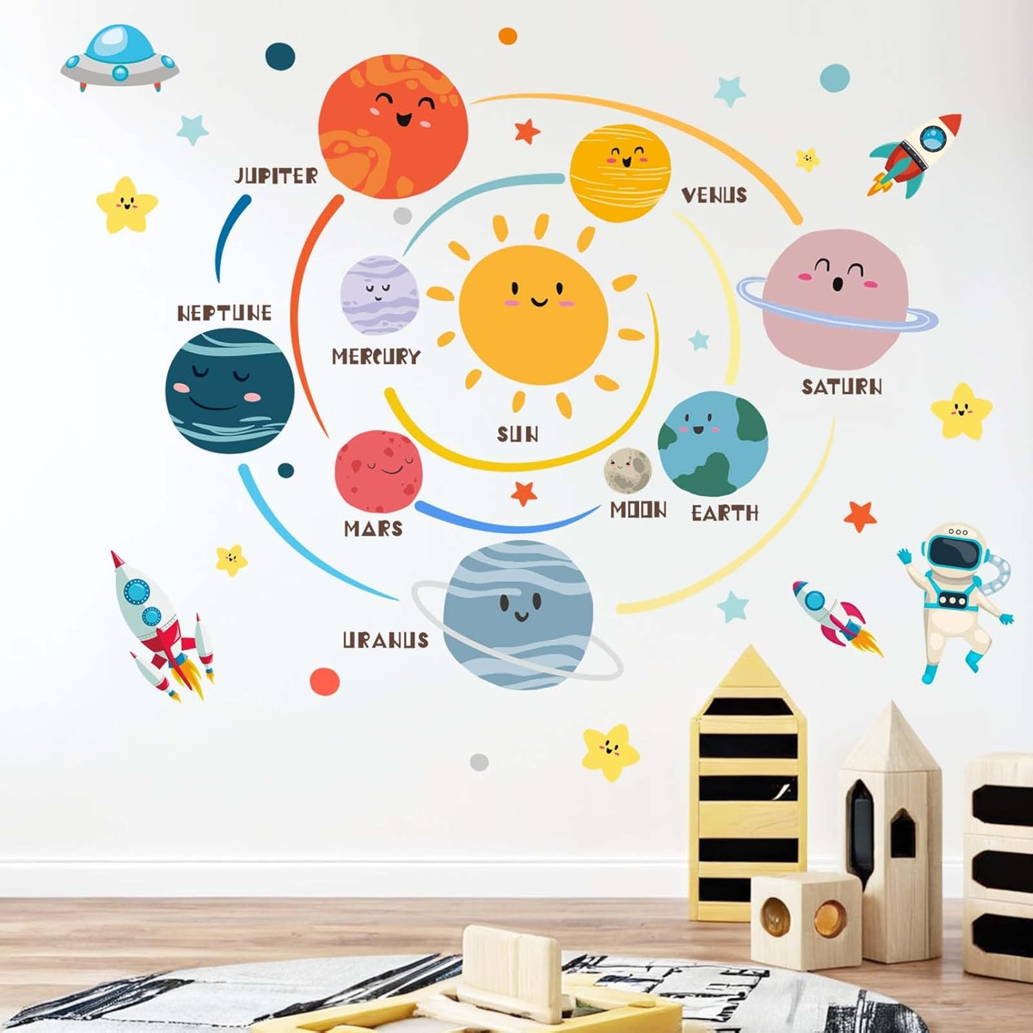 Outer Space Planets Wall Decals - Astronaut Rocket Boys Wall Stickers - Baby Nursery Kids Room Daycare Playroom Wall Decor