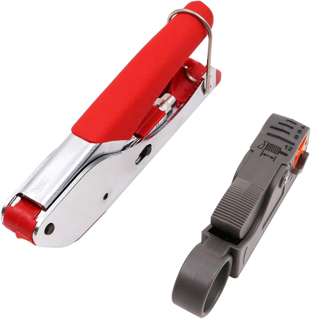 ZONADA Compression Crimper Stripper Set F-Type Hand Crimping Tool Rotary Coaxial Cable Crimping Stripping Cutting Pliers RG59 RG6 TV AV Cables Crimp Cutter with 20 Connectors image number 2
