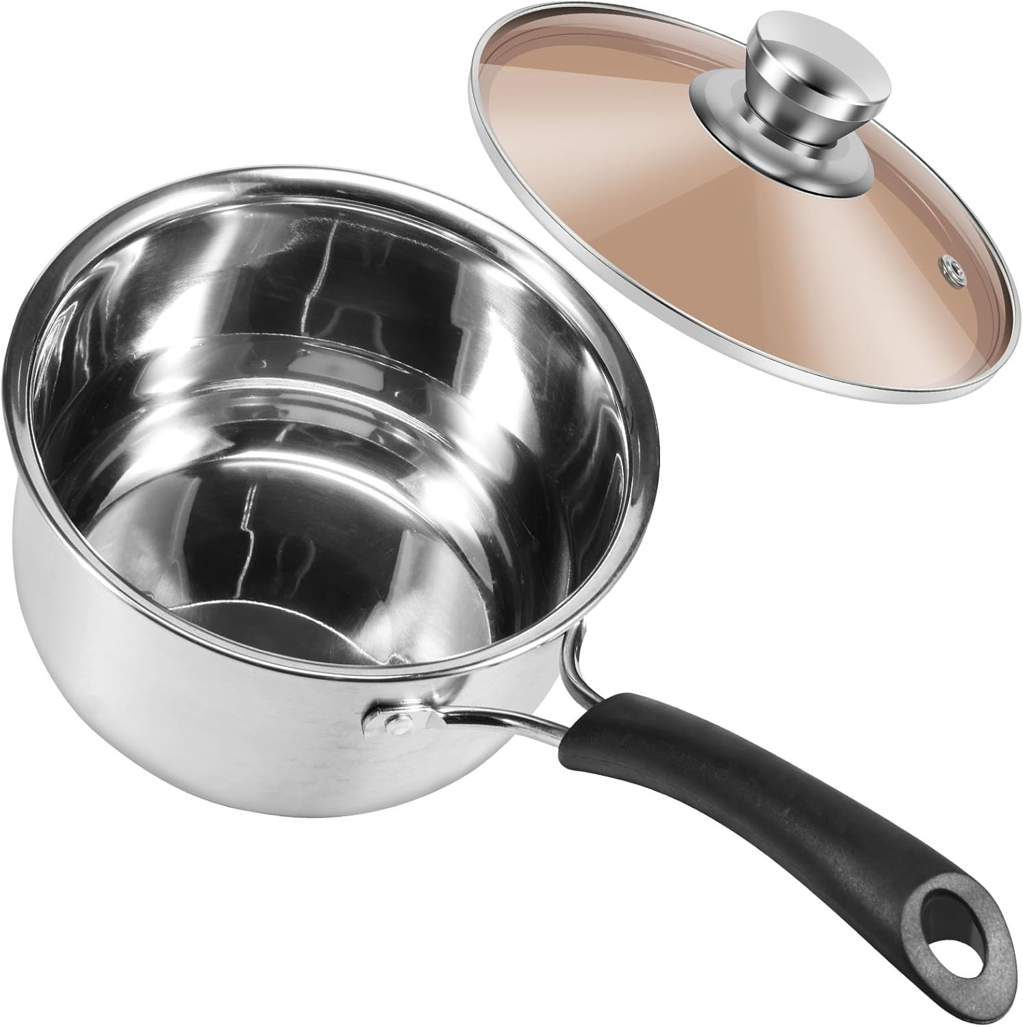 Stainless Steel Saucepan, Small Sauce Pot Milk Pot, Portable Small Cooking Pot with Glass Lid Heat-Resisting Handle, Dishwasher Safe Soup Pot Porridge Cooking Pot for Kitchen Cooking Boiling Stewing image number 4