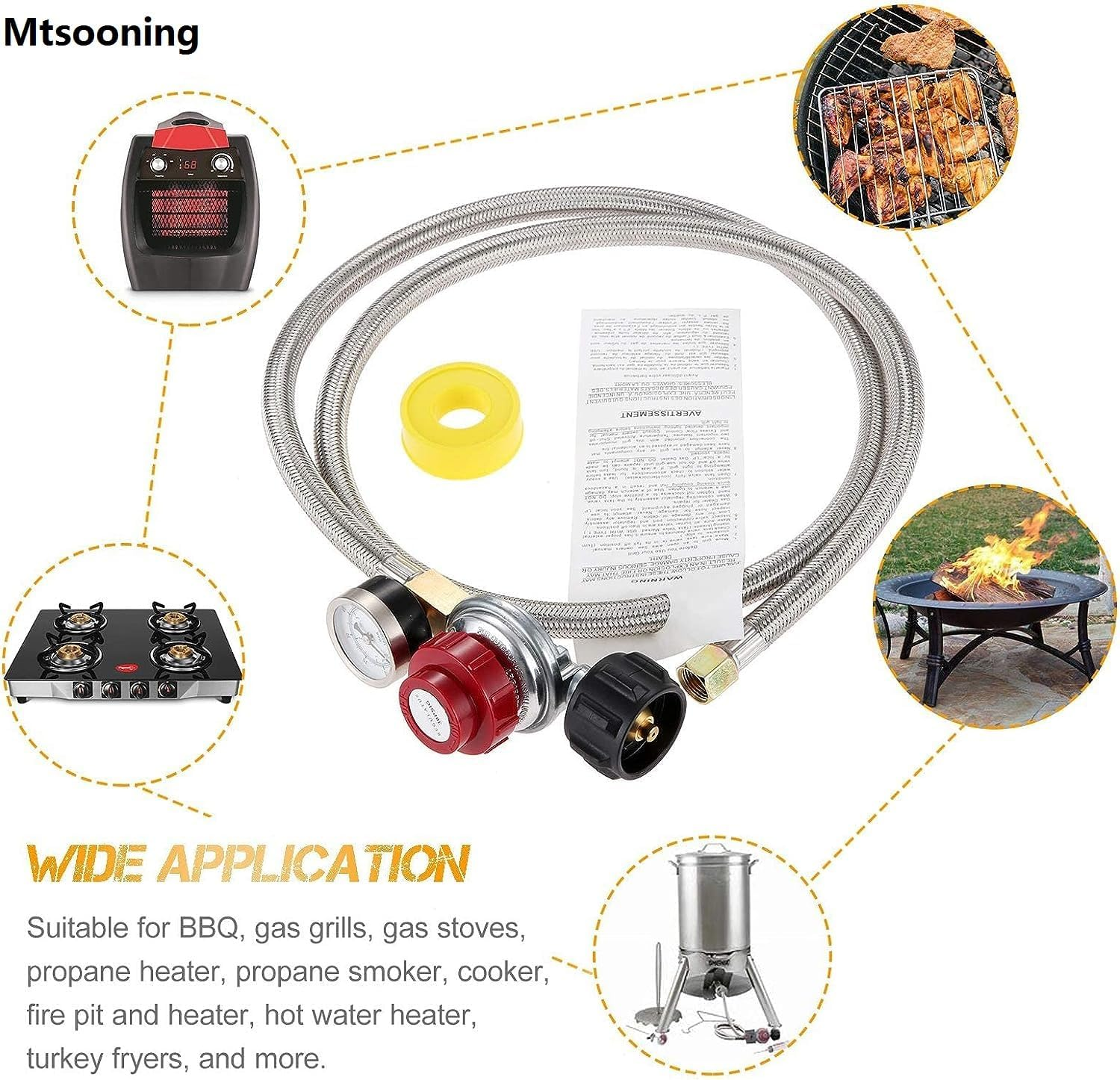 Mtsooning 0-30 PSI High Pressure Adjustable Propane Regulator with Stainless Steel Braided Hose& Gauge, 60&rsquo;&rsquo; Hose Qcc1/Type1 to 3/8" Female Flare, for BBQ Fire Pit Gas Stove Forge Smoker Turkey Fryer image number 3