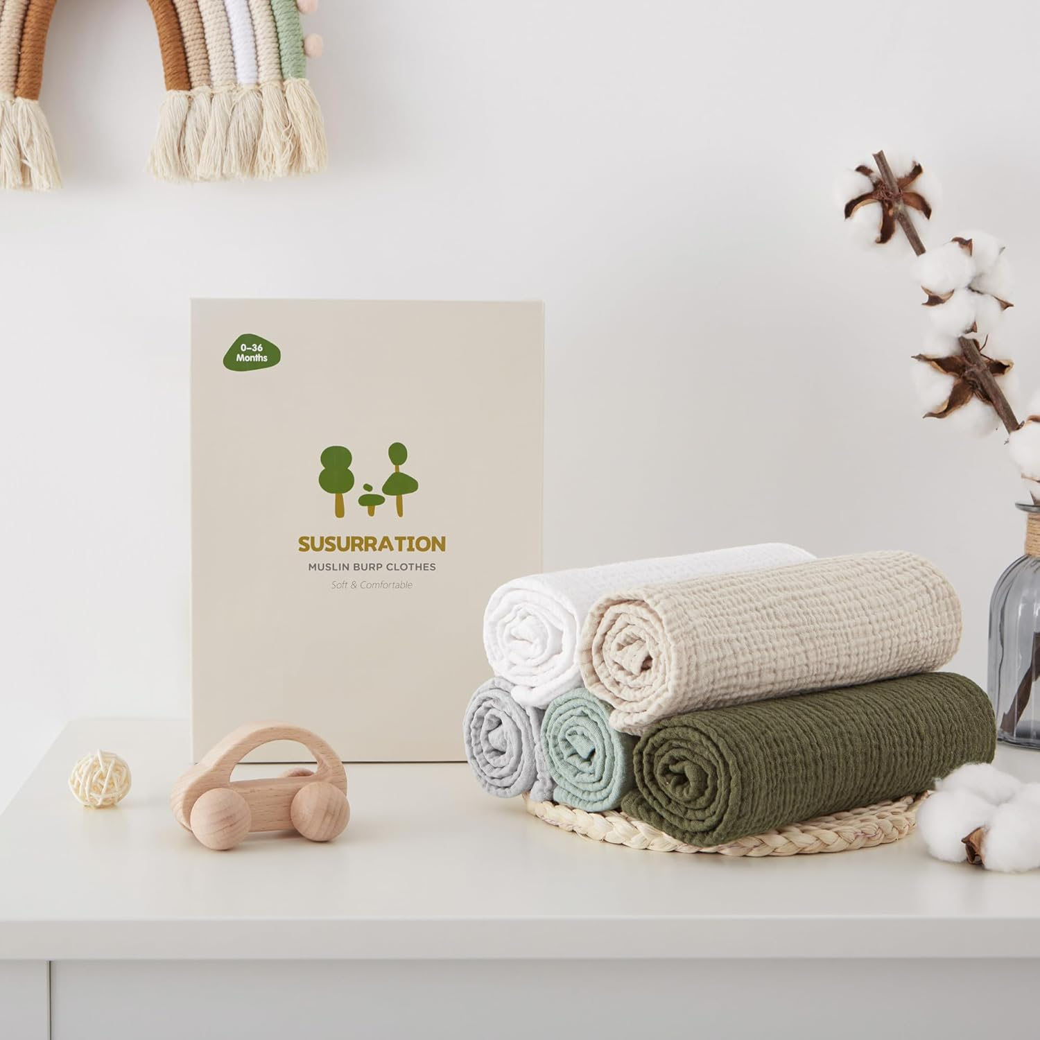 Susurration Muslin Cloths Baby Burp Cloths, Pack of 100% Cotton Burp Cloths Baby (5, (Green), 60X60) image number 3