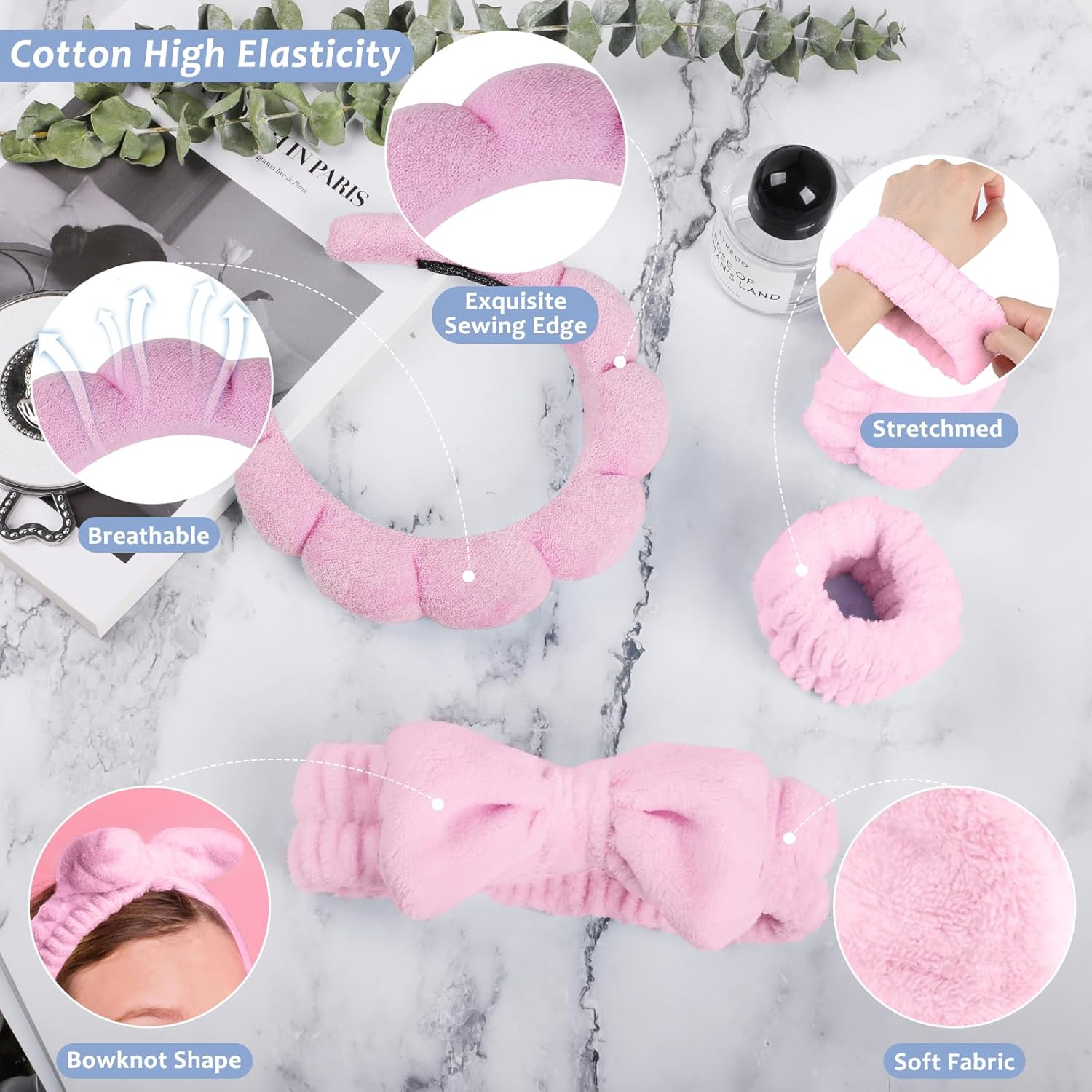 Bighan Spa Makeup Headband Set, Headband Skincare Headband for Woman, Face Wash Wristband and Bowknot Hair Band, Facial Wrist Towel Washbands for Women Girls, Pink - Blue image number 3