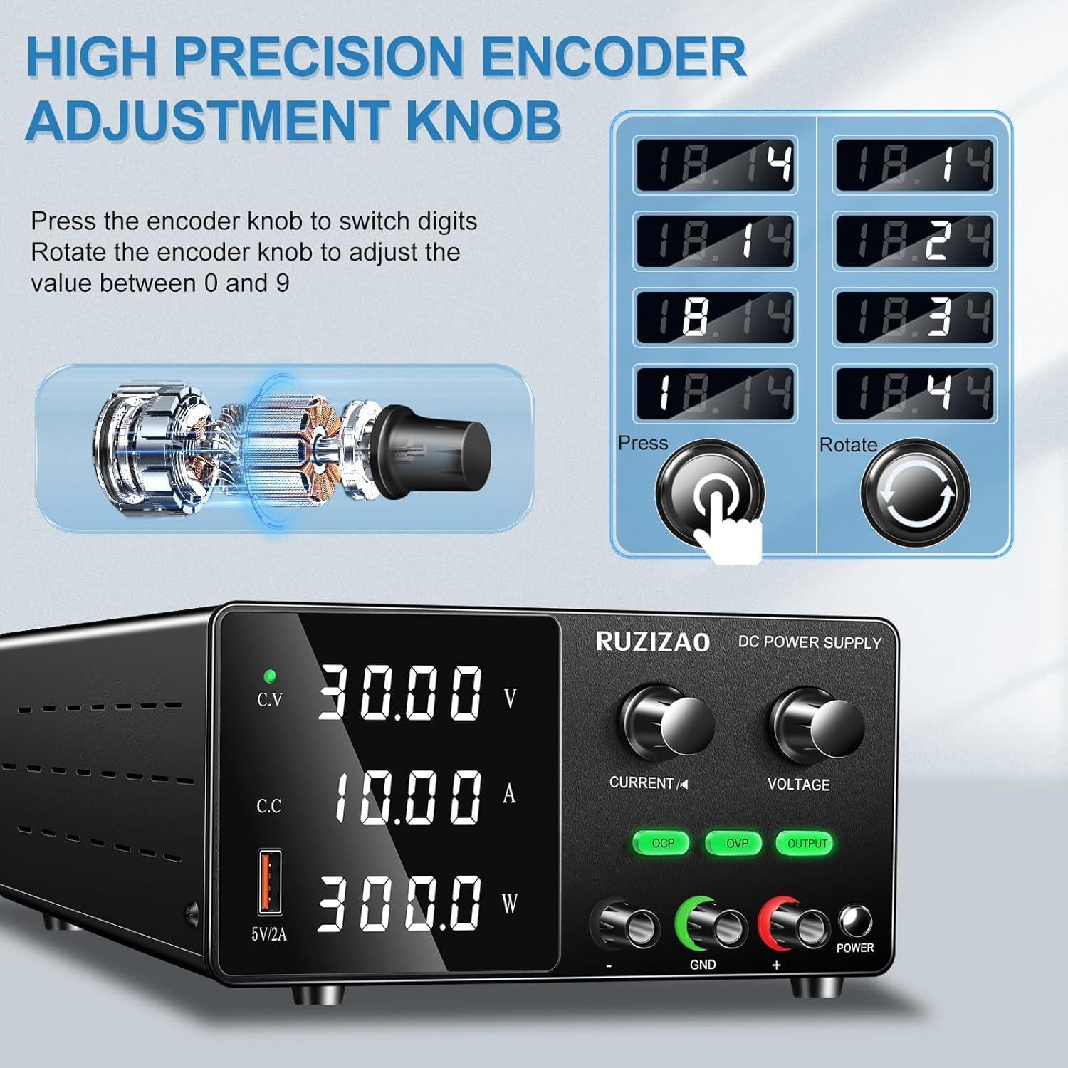 DC Power Supply 0-30V 0-10A 300W Encoder Knob Adjustable Switching Regulated DC Power Supply with 5V2A USB Fast Charging, OCP&OVP Multi-Layer Protection, Output Button Protects the Load image number 1