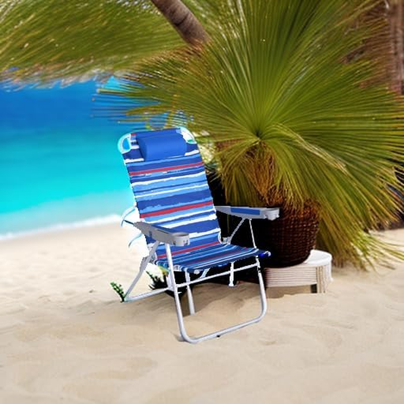 Sunnyfeel Folding Beach Chair 5-Postion Adjustable Reclining High Back Head Rest Aluminum Portable Lounge Chairs for Adults Outdoor (Darkblue Stripe) - Darkblue Stripe image number 3