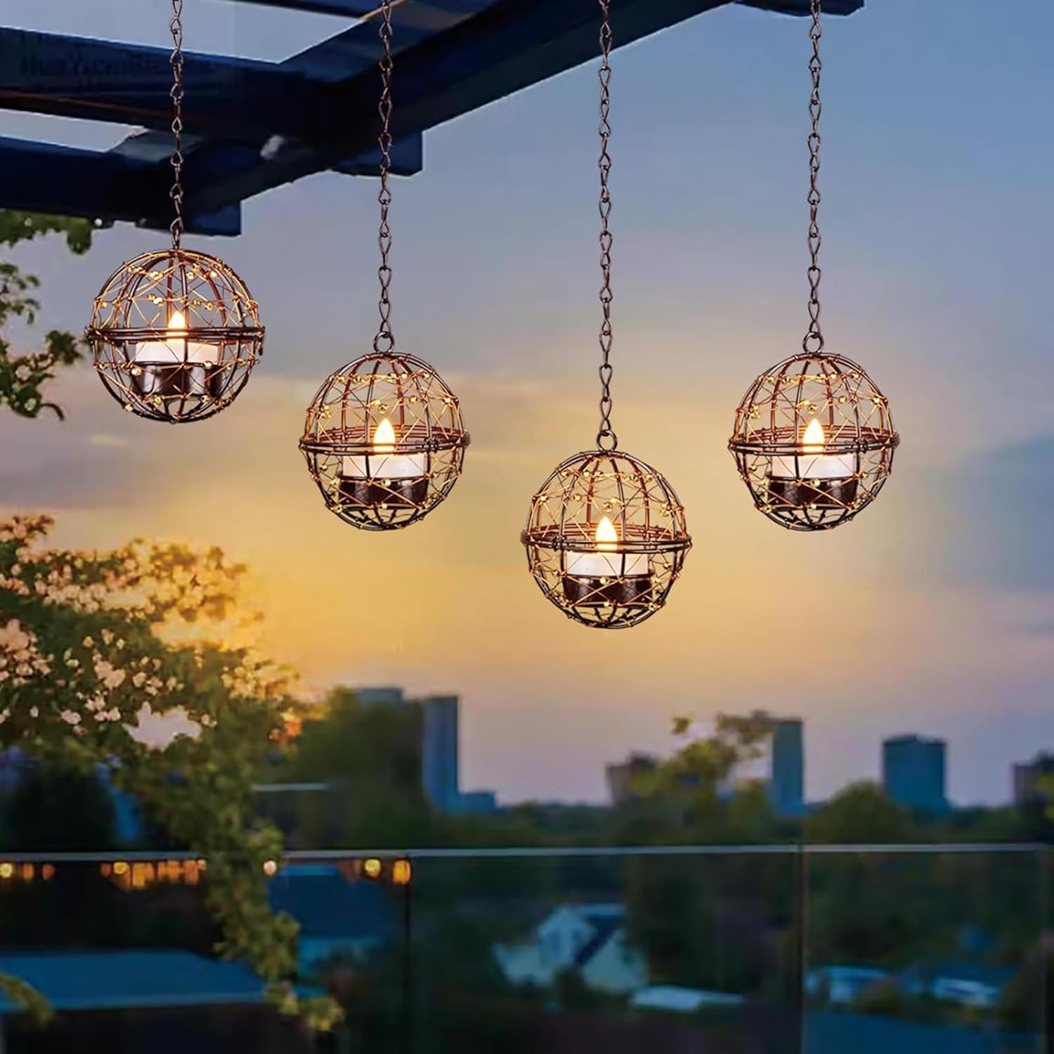 Outdoor Solar Hanging Lanterns Waterproof, Globe Hanging Candle Holder with Flickering Solar Powered Tea Lights, Chargeable Chandelier Light for Backyard Patio Garden Fence Tree Decoration-4Pack image number 2