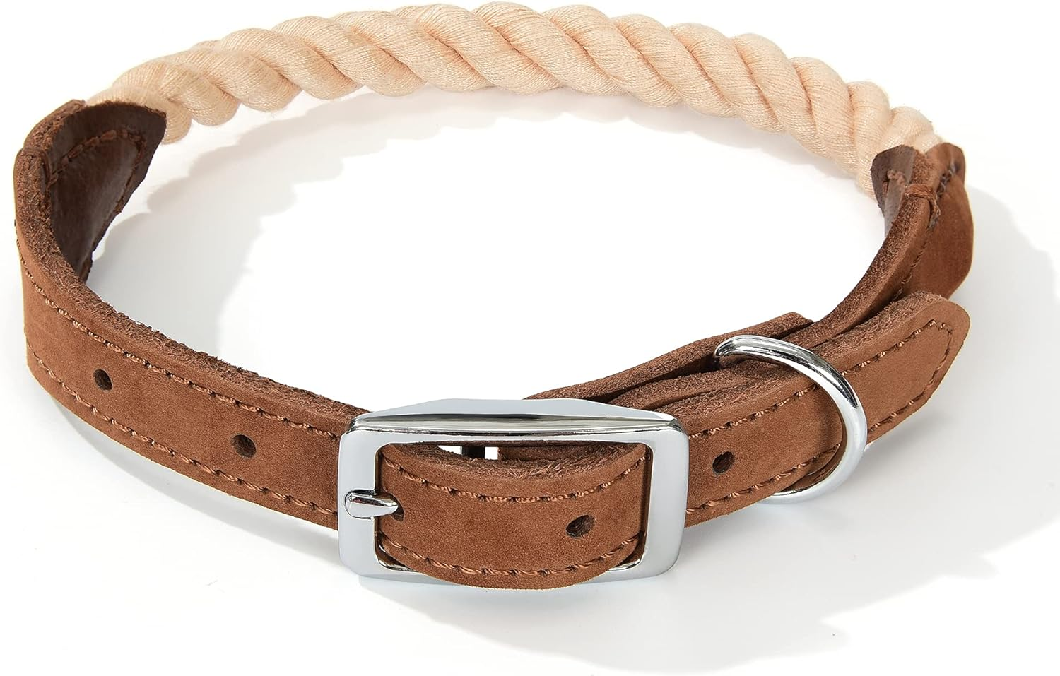 Mile High Life Premium Cotton Rope Dog Collar Made of Genuine Leather Stainless Steel Buckle Ring (M, Navy)