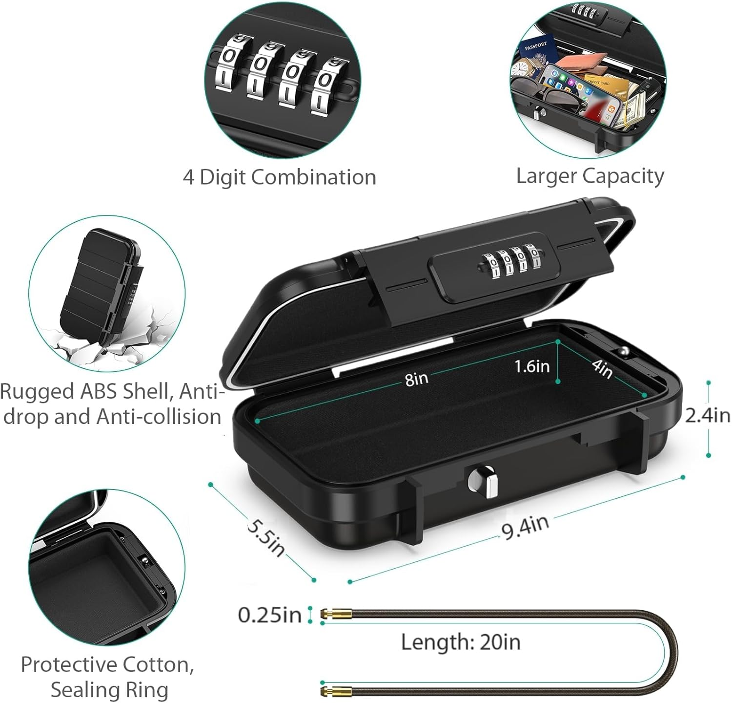 ORIA Portable Safe Box, Security Lock Box, Safe Lock Case with 4-Digit Code, Removable Wire Rope, Waterproof Key Lock Box for Passport, Credit Card, Phone, for Travel, Home, Office, Hotel, Beach