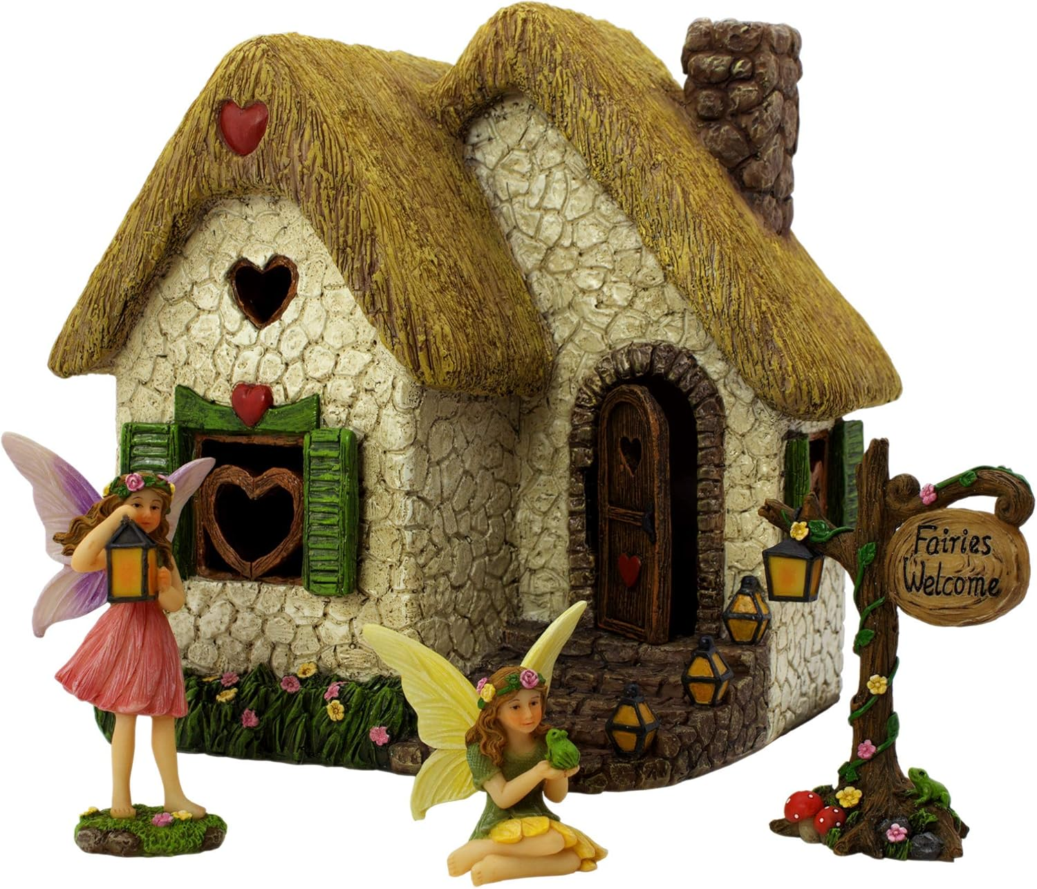 PRETMANNS Fairy Garden House Kit &ndash; Fairy Garden Accessories Outdoor &ndash; Fairy Houses for Gardens Outdoor - Fairy House Kit with Fairies for Fairy Garden &ndash; Fairy House 7" High - Fairy Garden Kit 4 Pieces image number 1