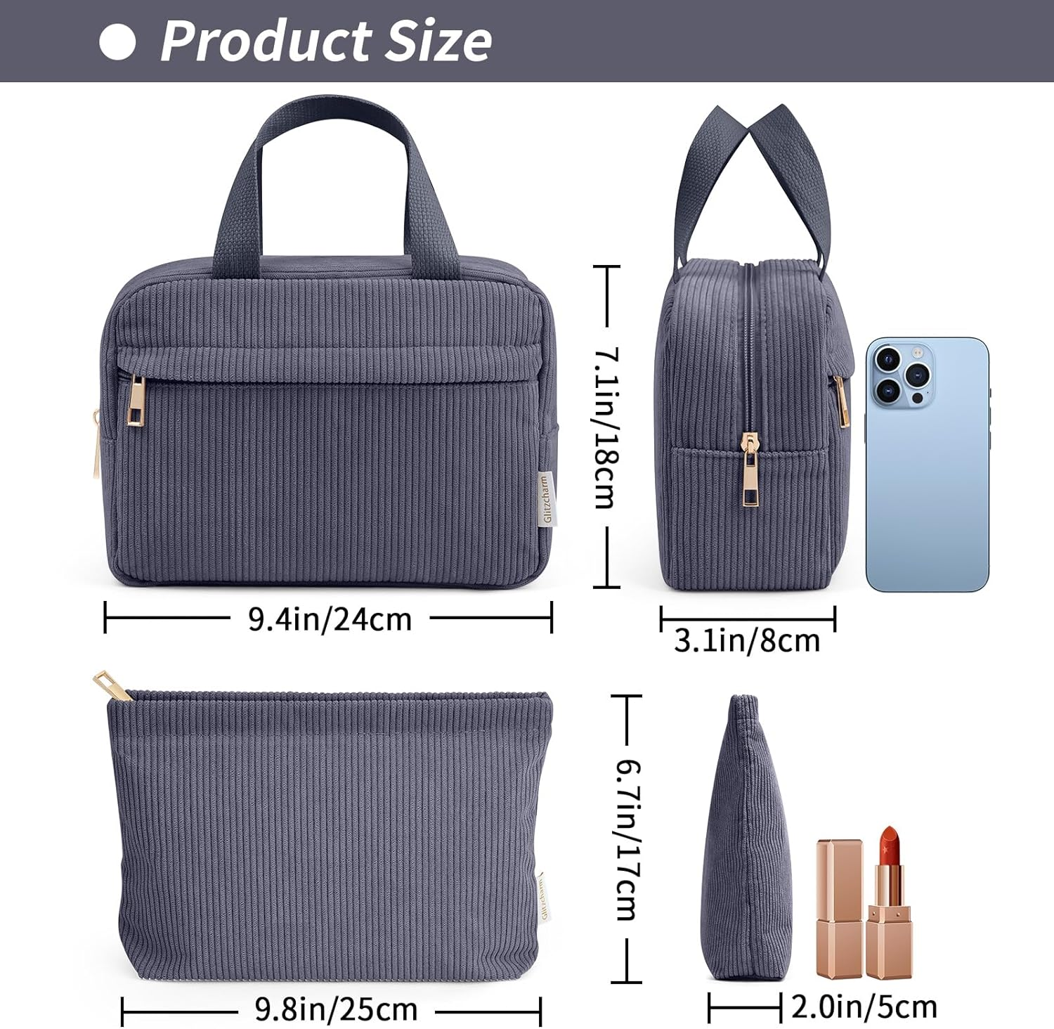 Cosmetic Bag Corduroy Makeup Bag, 2 Pcs Make up Bags Women Large Travel Cosmetic Bag Portable Makeup Bag with Handle for Girls Women(Gray) image number 2