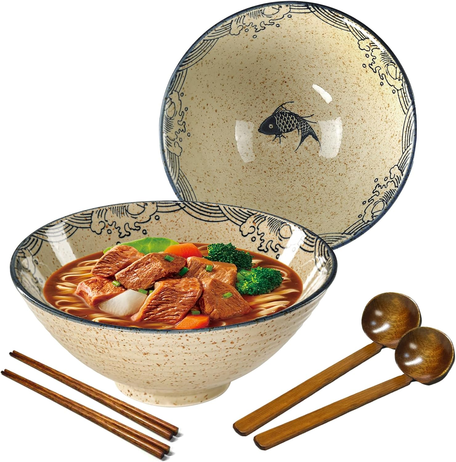 Ramen Ceramic Bowl Set, 2 X 1200 Ml Japanese Tableware with Chopsticks and Spoon, Premium Large Pasta Bowls, Soup Bowls, Salad Bowls for Pho Ramen