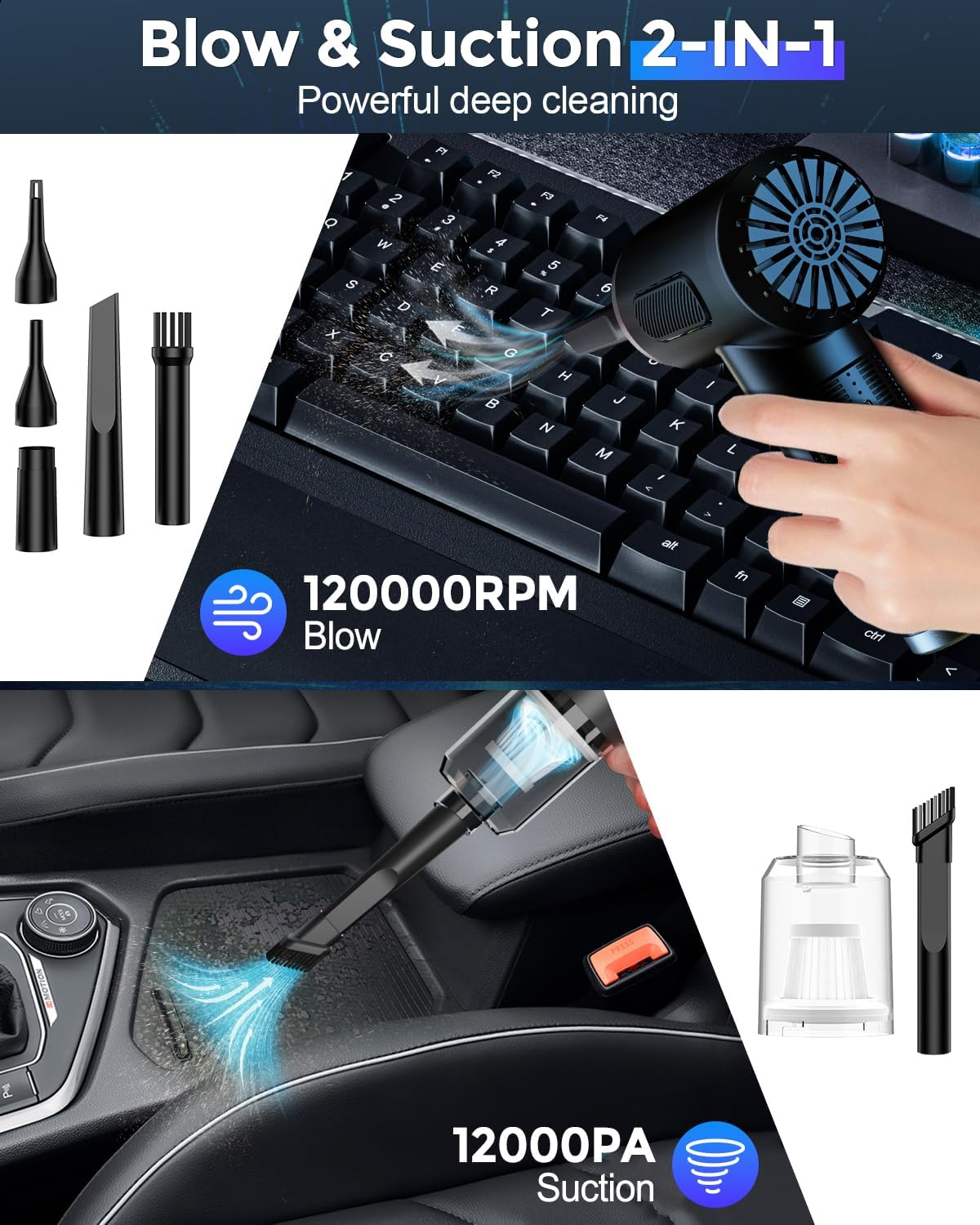 AKLIFFE Electric Dust Blower Compressed Air Spray 2-In-1, 3-Speed 120,000 Rpm, 12Kpa Compressed Air Duster Air Pressure Spray with 7800 Mah Battery, Keyboard Cleaning for PC, Car, Sofa image number 6