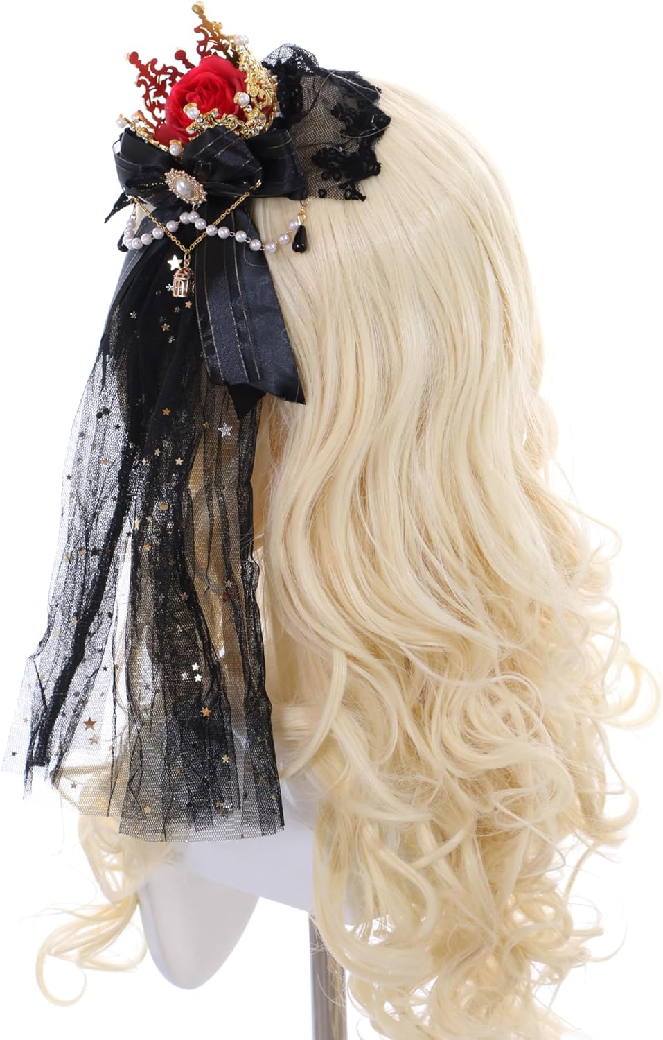 C-105-1 Black Veil Gold Crown Red Rose Bow Lace Ruffle Gothic Lolita Party Celebration Hair Accessories Head Accessory image number 5