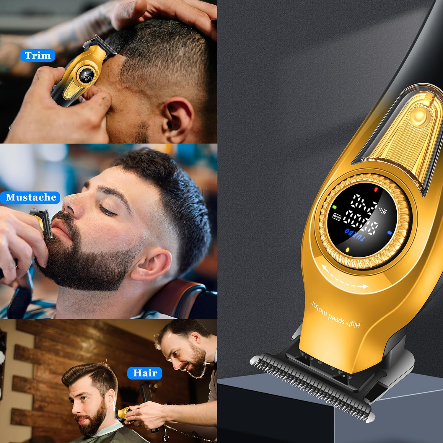 KEMEI 1677 Beard Trimmer for Men, Professional Hair Clippers, Cordless Barber Clipper with LED Display, DLC T-Blade Hair Trimmer, 8000 RPM Turbo Brushless Motor image number 5