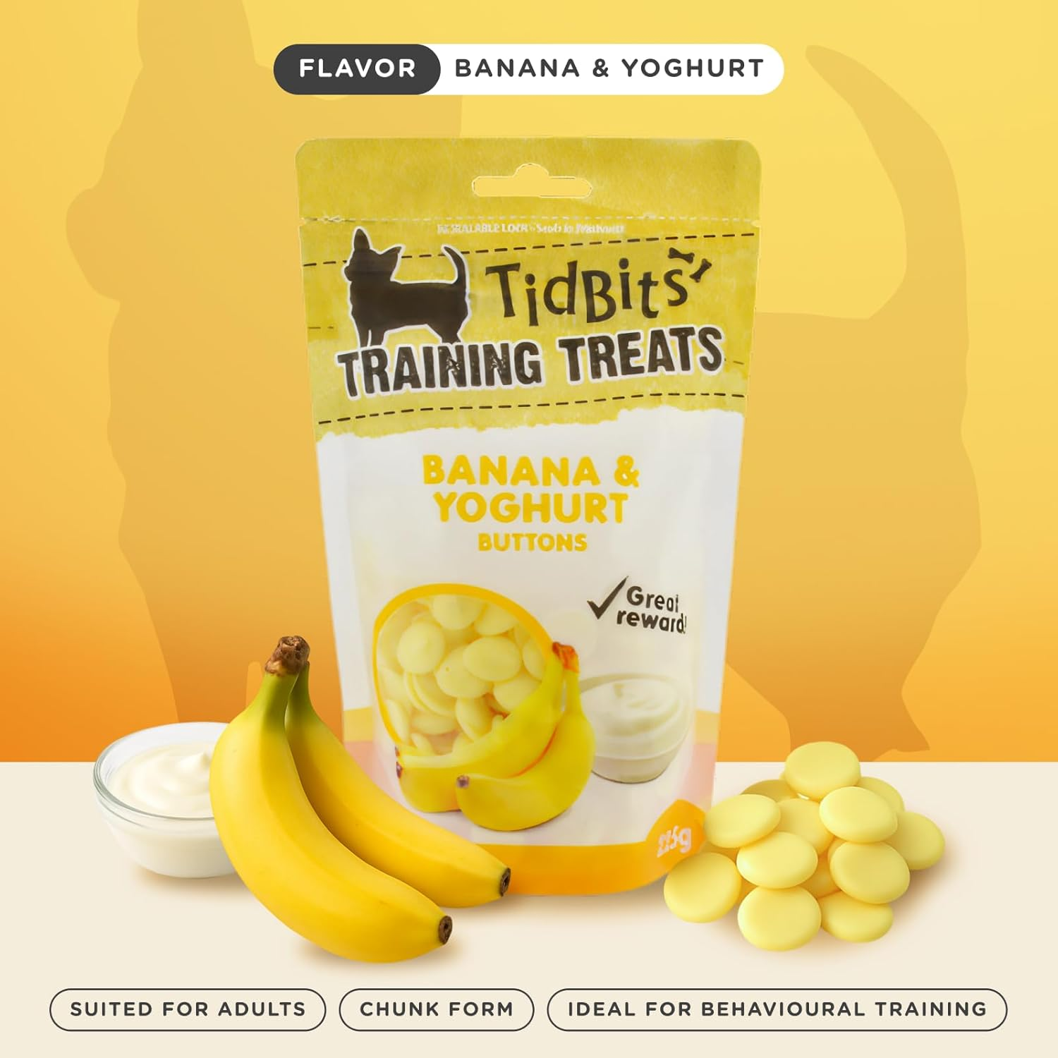 Tidbits Training Treats 225G, Banana & Yoghurt - Healthy Probiotic Boost, Protein & Calcium-Rich - Ideal for Training & Positive Reinforcement image number 6