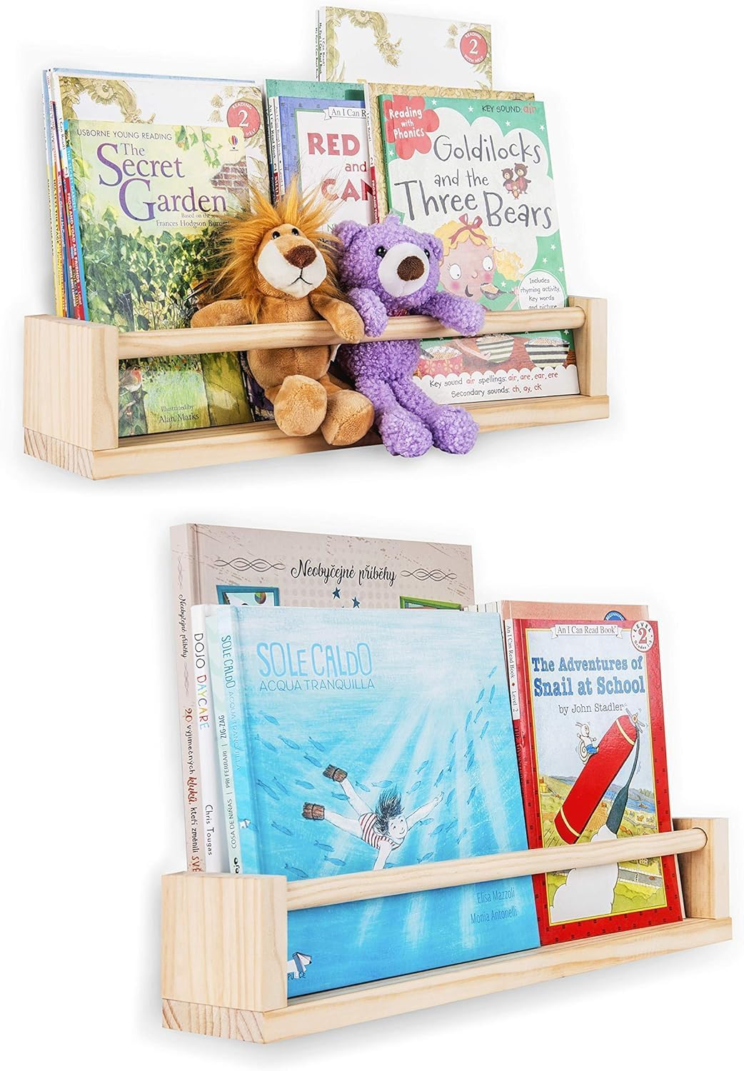 2 Piece Nursery Bookshelf,Childrens Room Floating Bookshelf,Wall Mounted Floating Bookshelf,Solid Nursery Bookshelf,Kitchen Bedroom Living Room Spice,Small Objects Placement Shelf(Natural Wood) image number 2