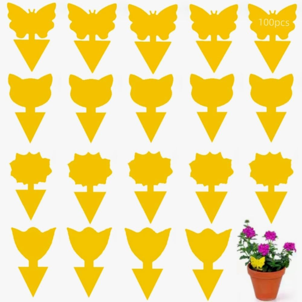 Yellow Sticky Traps, 100 PCS Dual-Sided Sticky Insect Catcher with Twist Ties Fruit Fly Fungus Gnat Trap Killer for Whiteflies Mosquitos Fungus Aphids Leafminers Indoor Outdoor Use